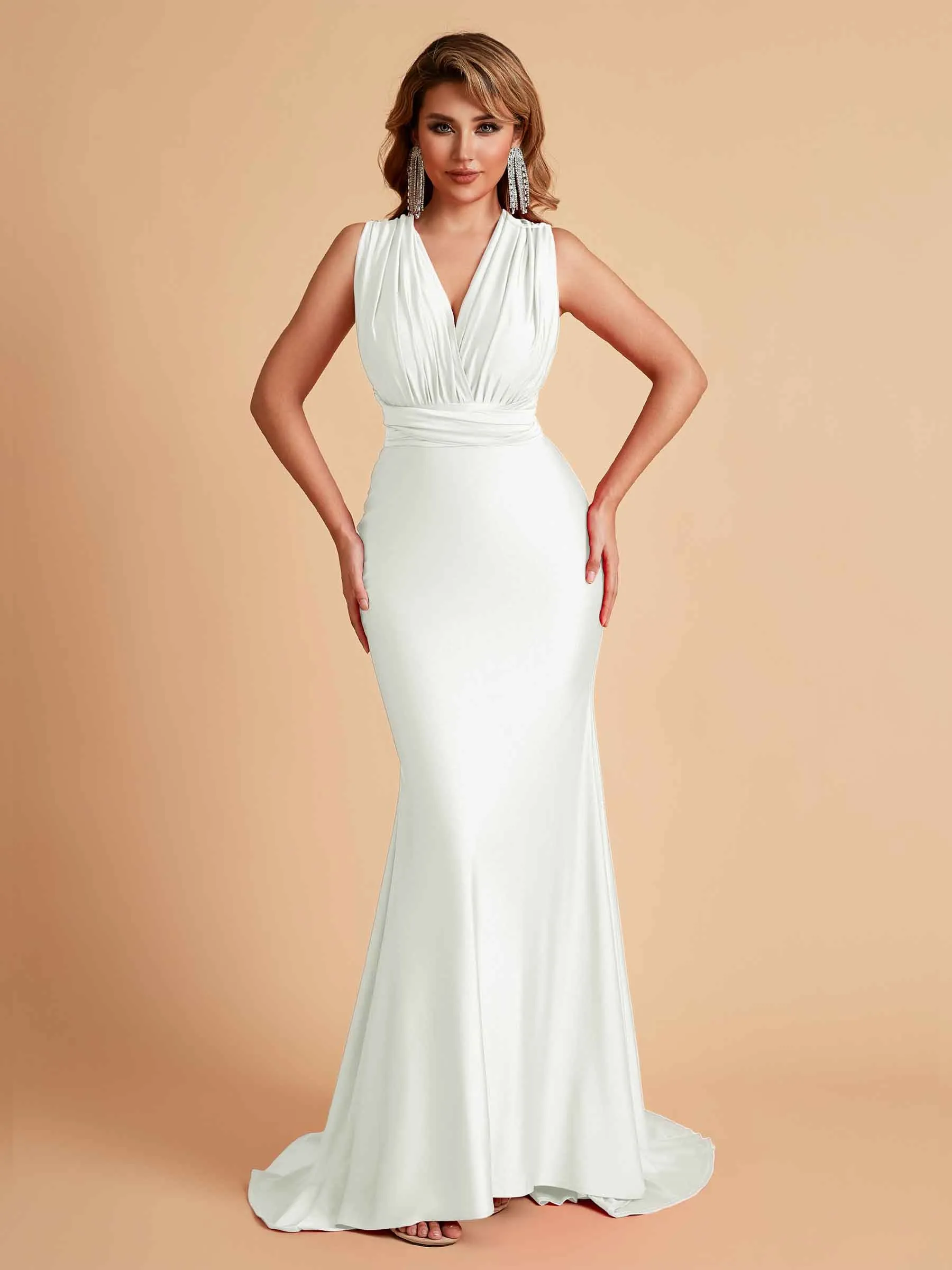 Sexy Convertible Jersey Pleats Mermaid Bridesmaid Dresses Floor Length Bridal Party Dresses