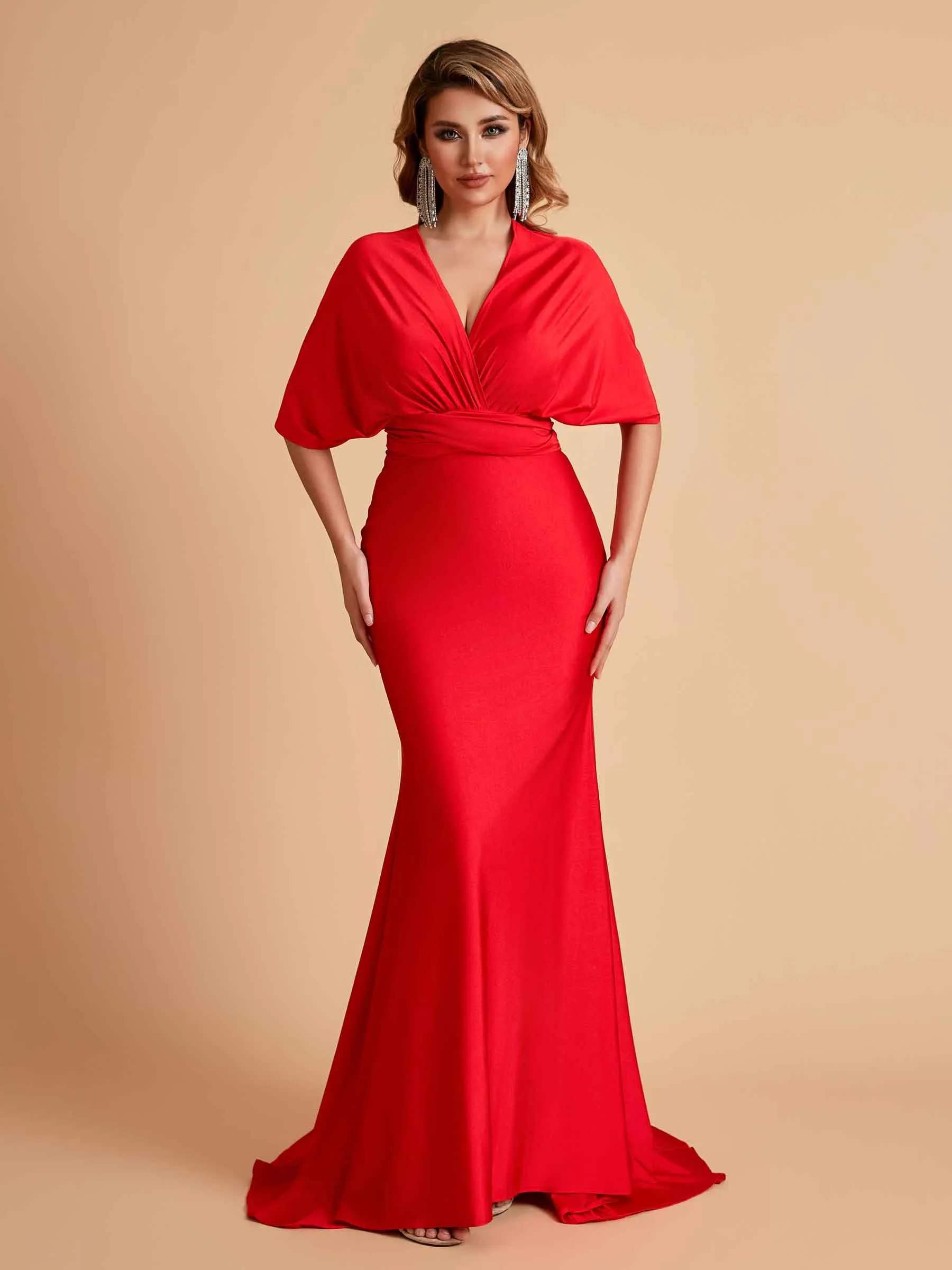 Sexy Convertible Jersey Pleats Mermaid Bridesmaid Dresses Floor Length Bridal Party Dresses