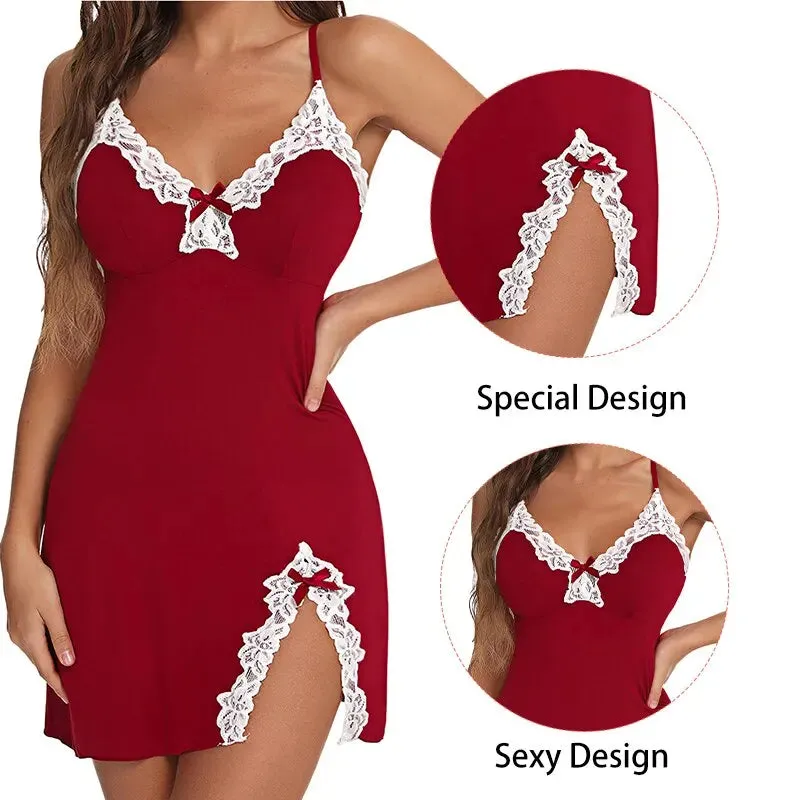 Sexy Lace Silk Satin Nightgown – V-Neck Split Hem Sleepwear