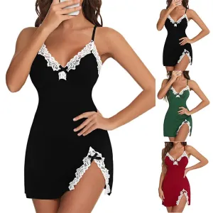 Sexy Lace Silk Satin Nightgown – V-Neck Split Hem Sleepwear