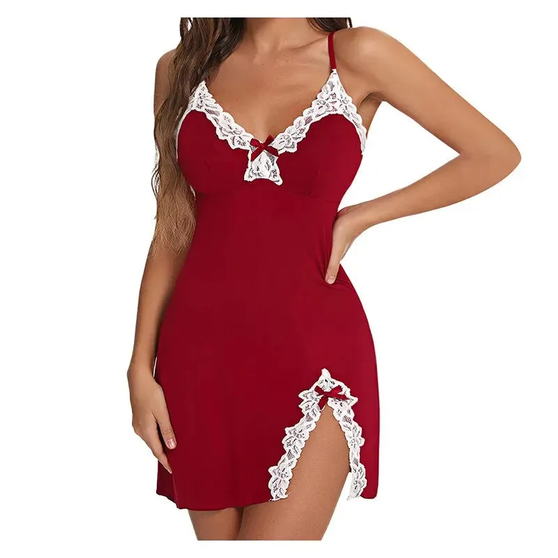 Sexy Lace Silk Satin Nightgown – V-Neck Split Hem Sleepwear