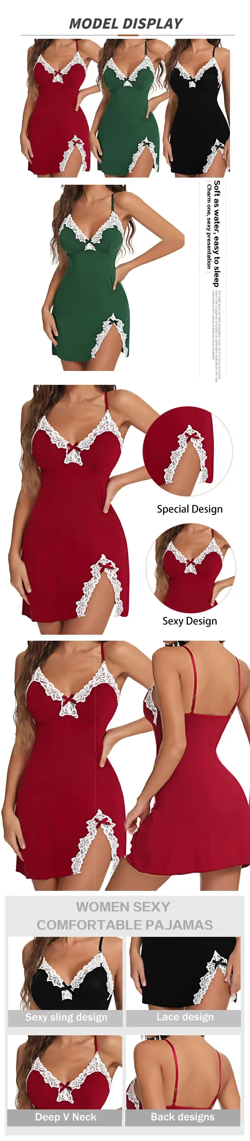 Sexy Lace Silk Satin Nightgown – V-Neck Split Hem Sleepwear