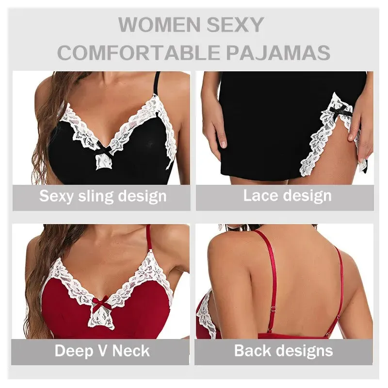 Sexy Lace Silk Satin Nightgown – V-Neck Split Hem Sleepwear