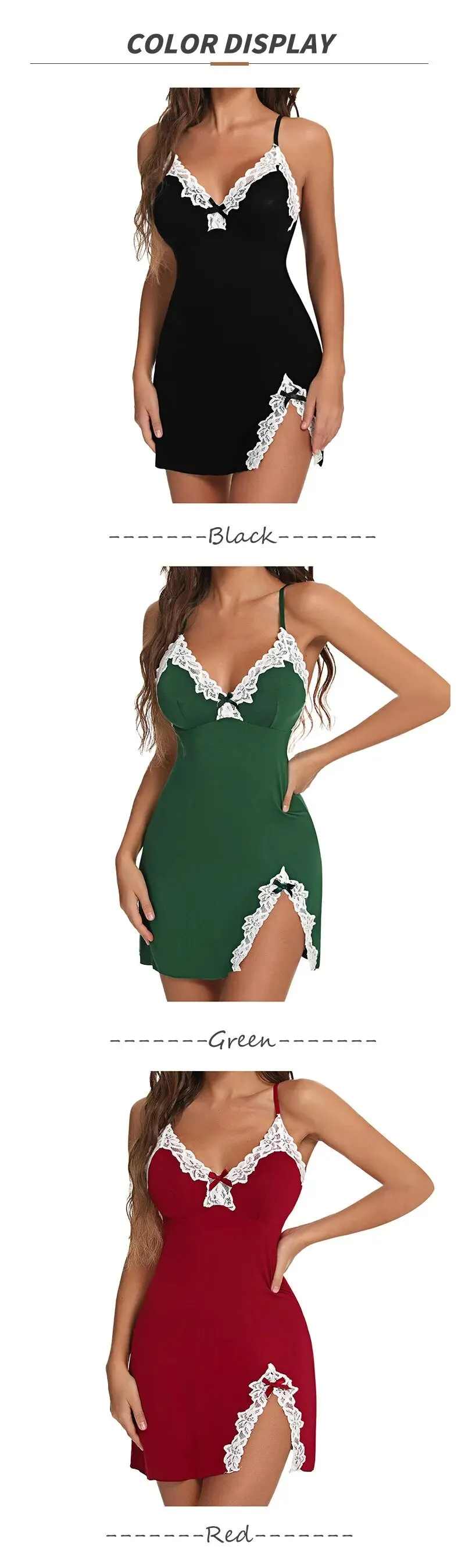 Sexy Lace Silk Satin Nightgown – V-Neck Split Hem Sleepwear