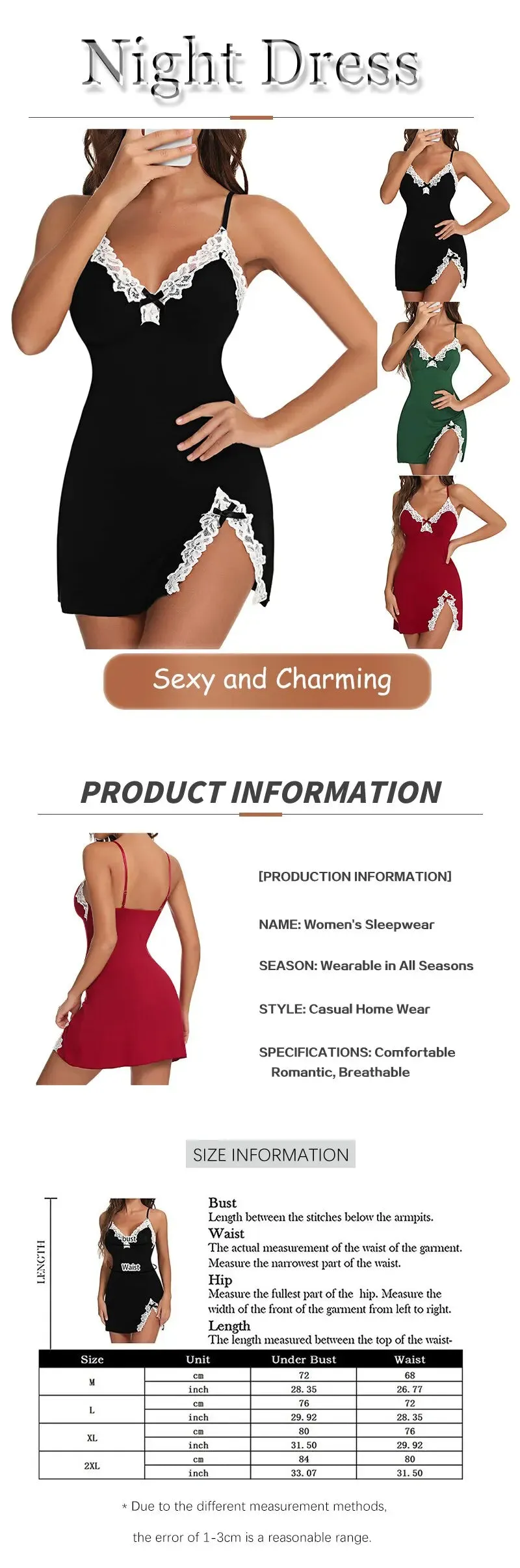 Sexy Lace Silk Satin Nightgown – V-Neck Split Hem Sleepwear
