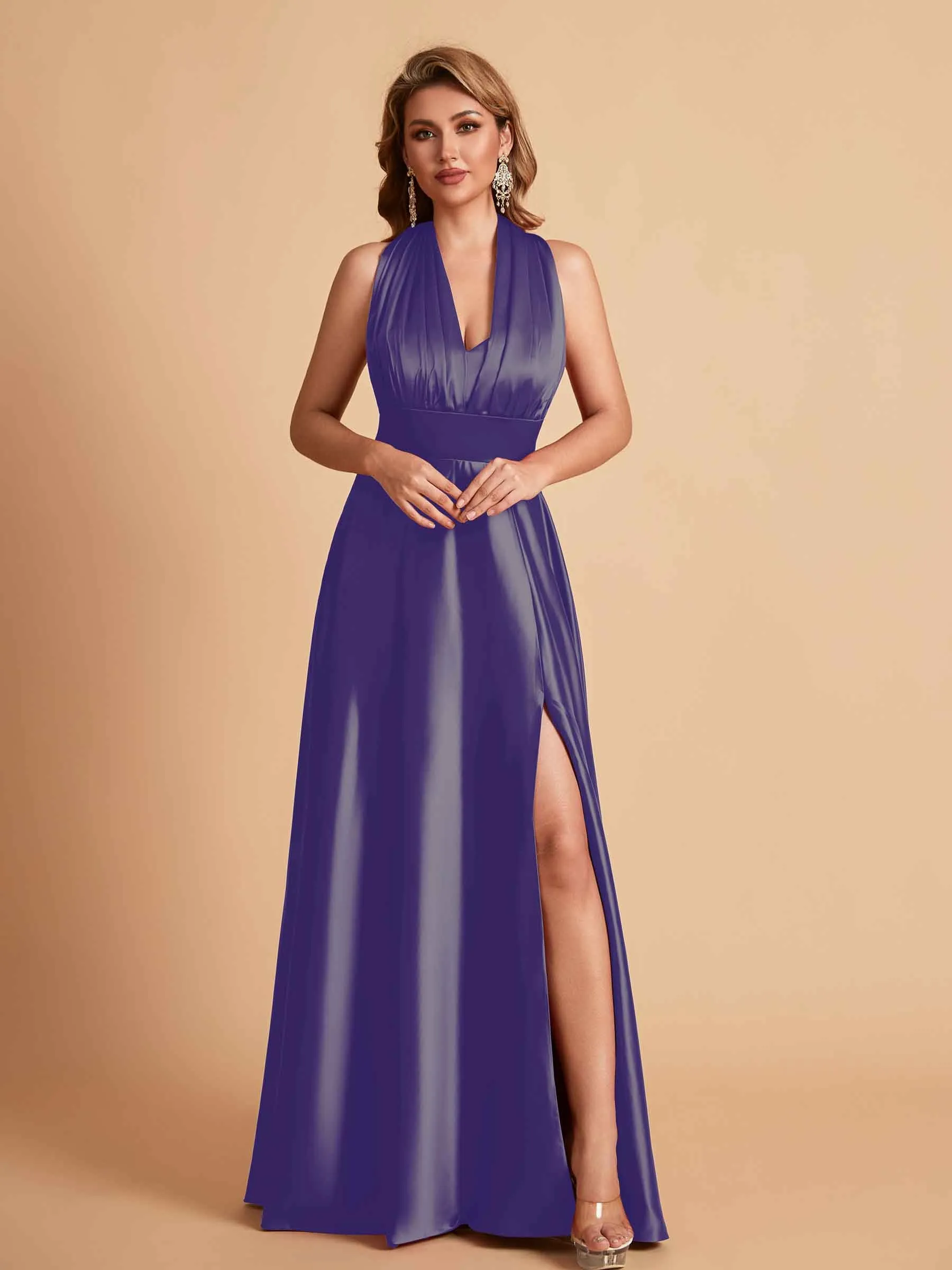 Sexy Satin A-line Convertible Side Slit Maxi Long Bridesmaid Dresses Online