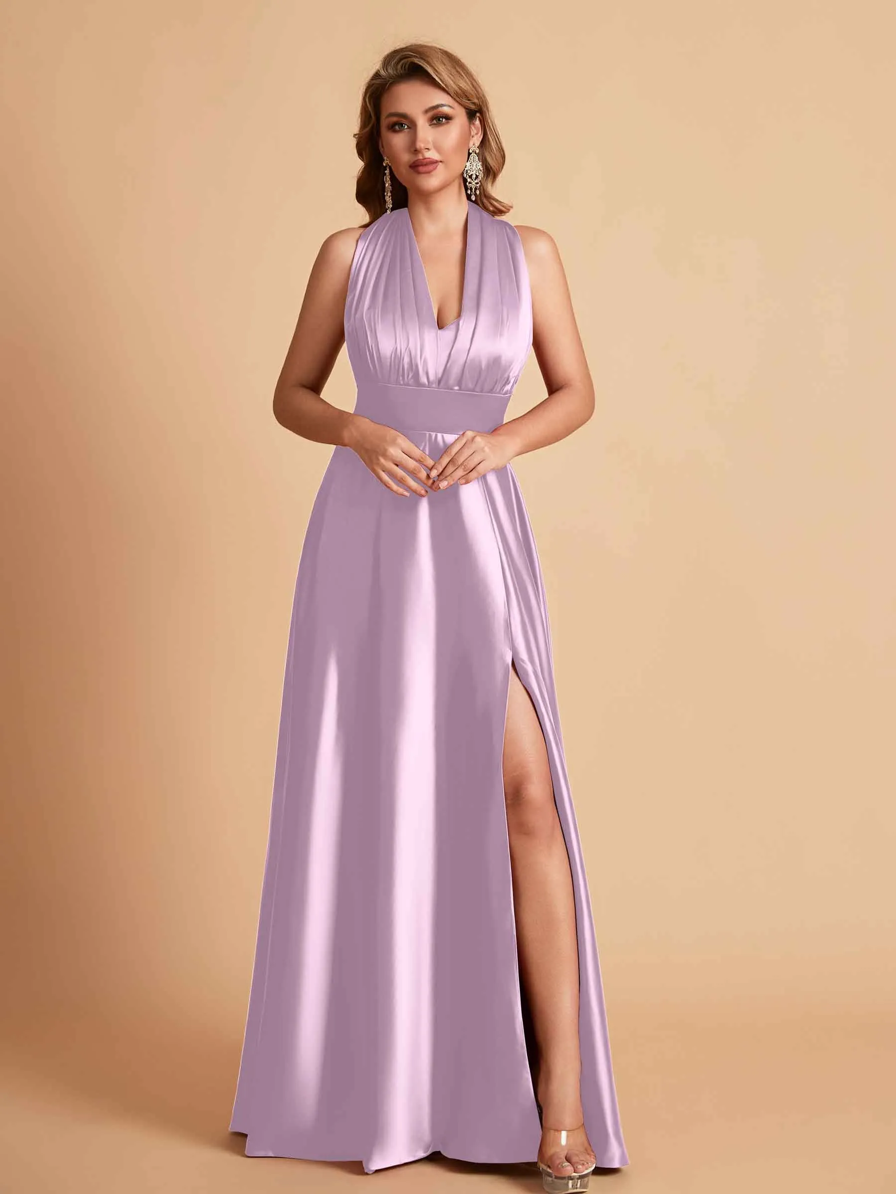 Sexy Satin A-line Convertible Side Slit Maxi Long Bridesmaid Dresses Online