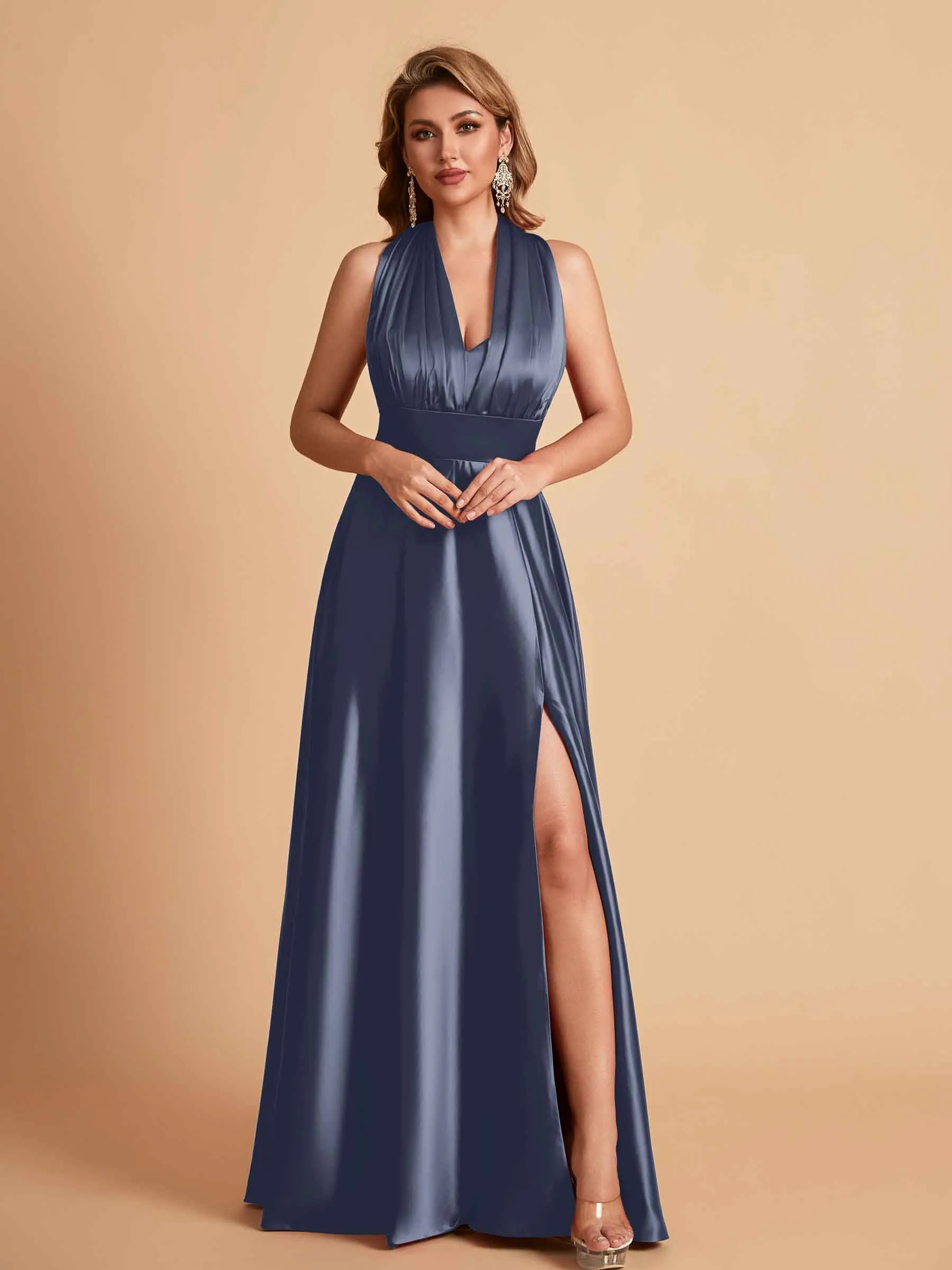 Sexy Satin A-line Convertible Side Slit Maxi Long Bridesmaid Dresses Online