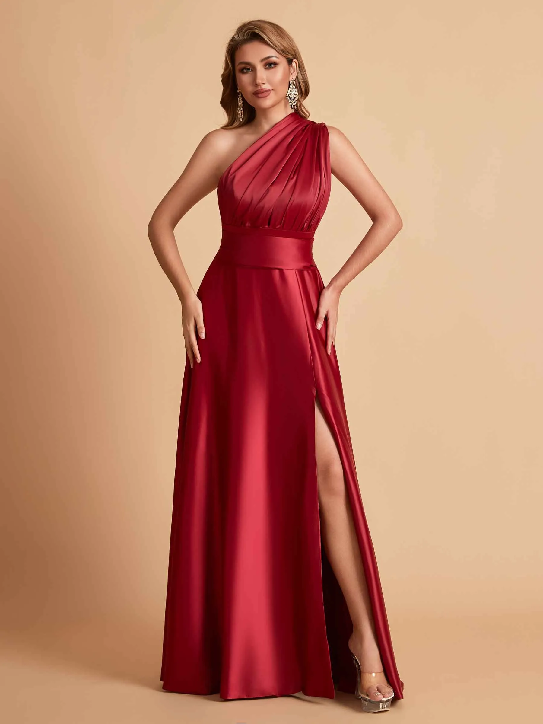 Sexy Satin A-line Convertible Side Slit Maxi Long Bridesmaid Dresses Online