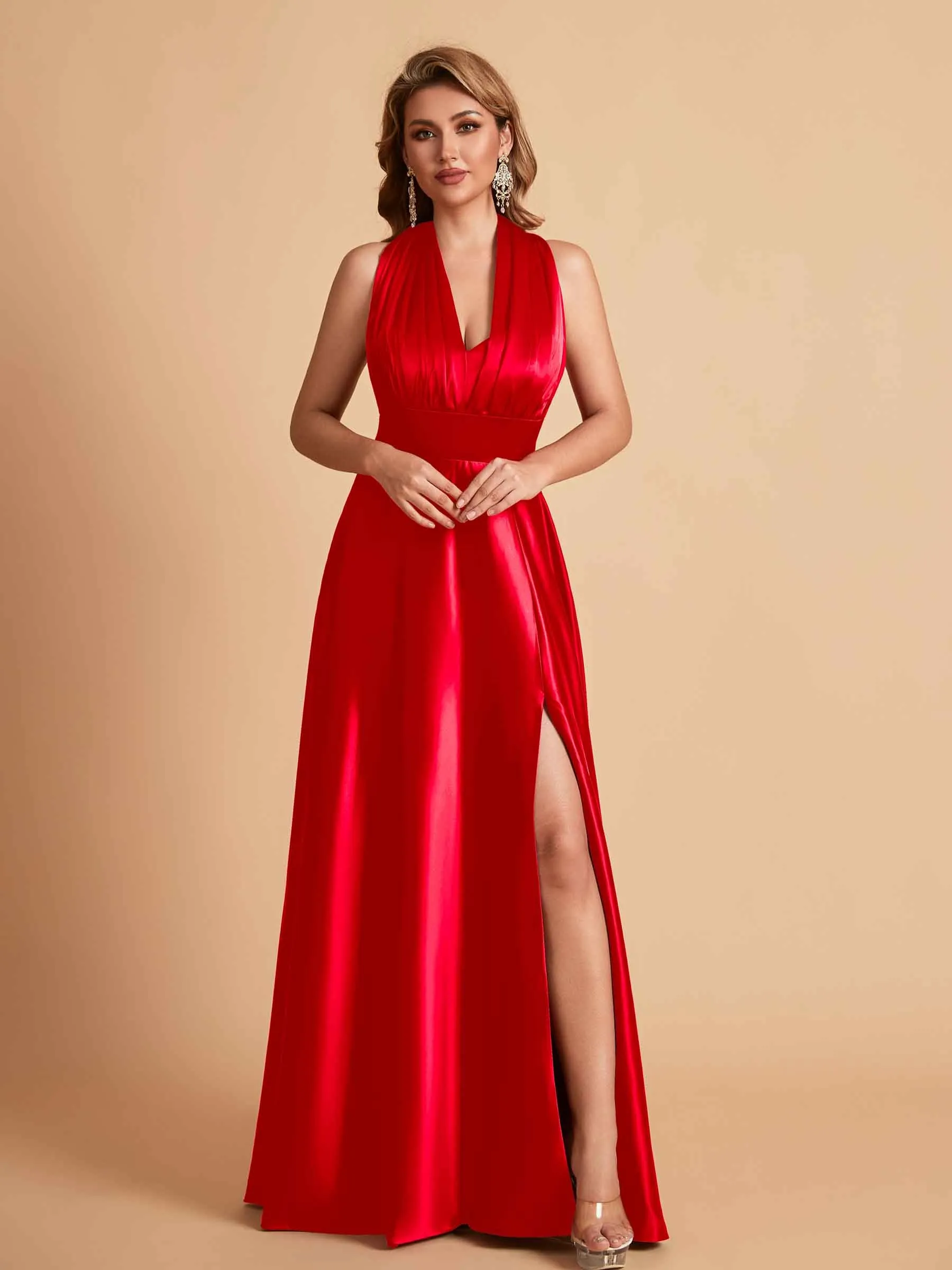 Sexy Satin A-line Convertible Side Slit Maxi Long Bridesmaid Dresses Online