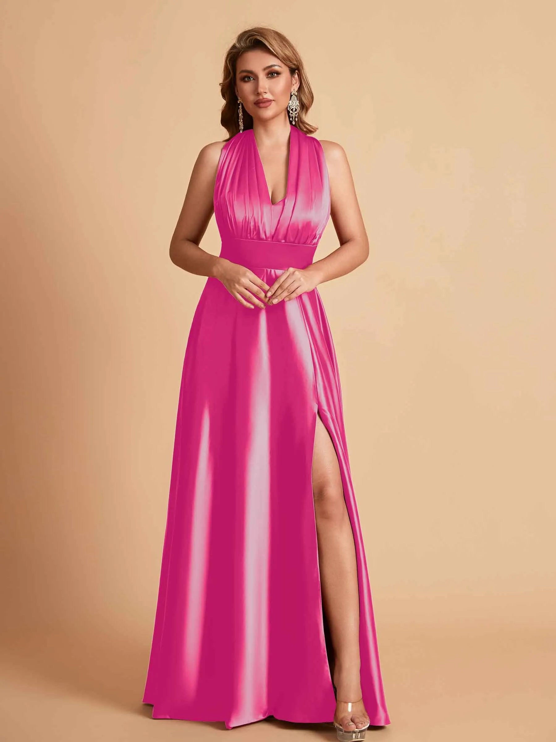 Sexy Satin A-line Convertible Side Slit Maxi Long Bridesmaid Dresses Online