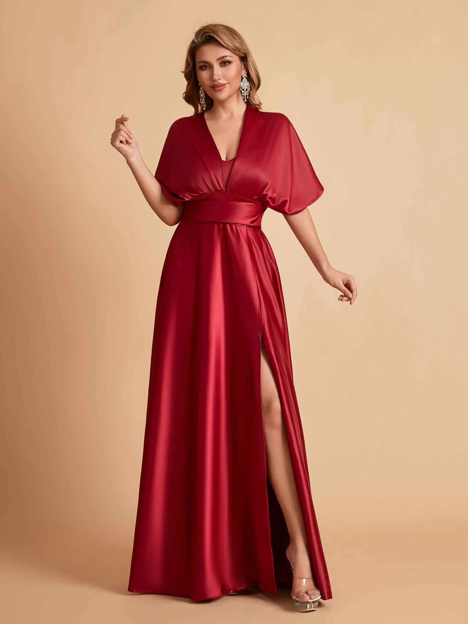 Sexy Satin A-line Convertible Side Slit Maxi Long Bridesmaid Dresses Online
