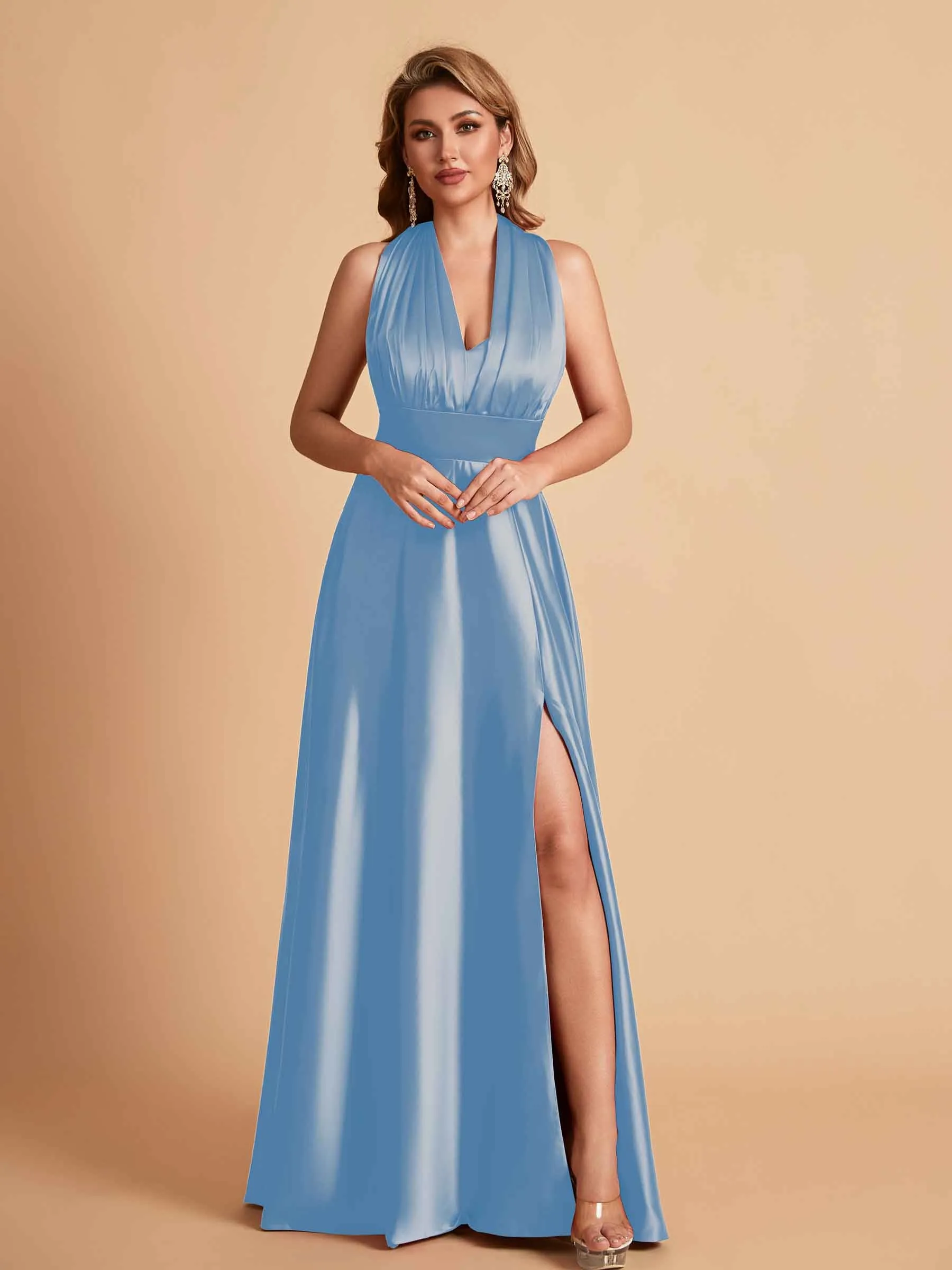 Sexy Satin A-line Convertible Side Slit Maxi Long Bridesmaid Dresses Online