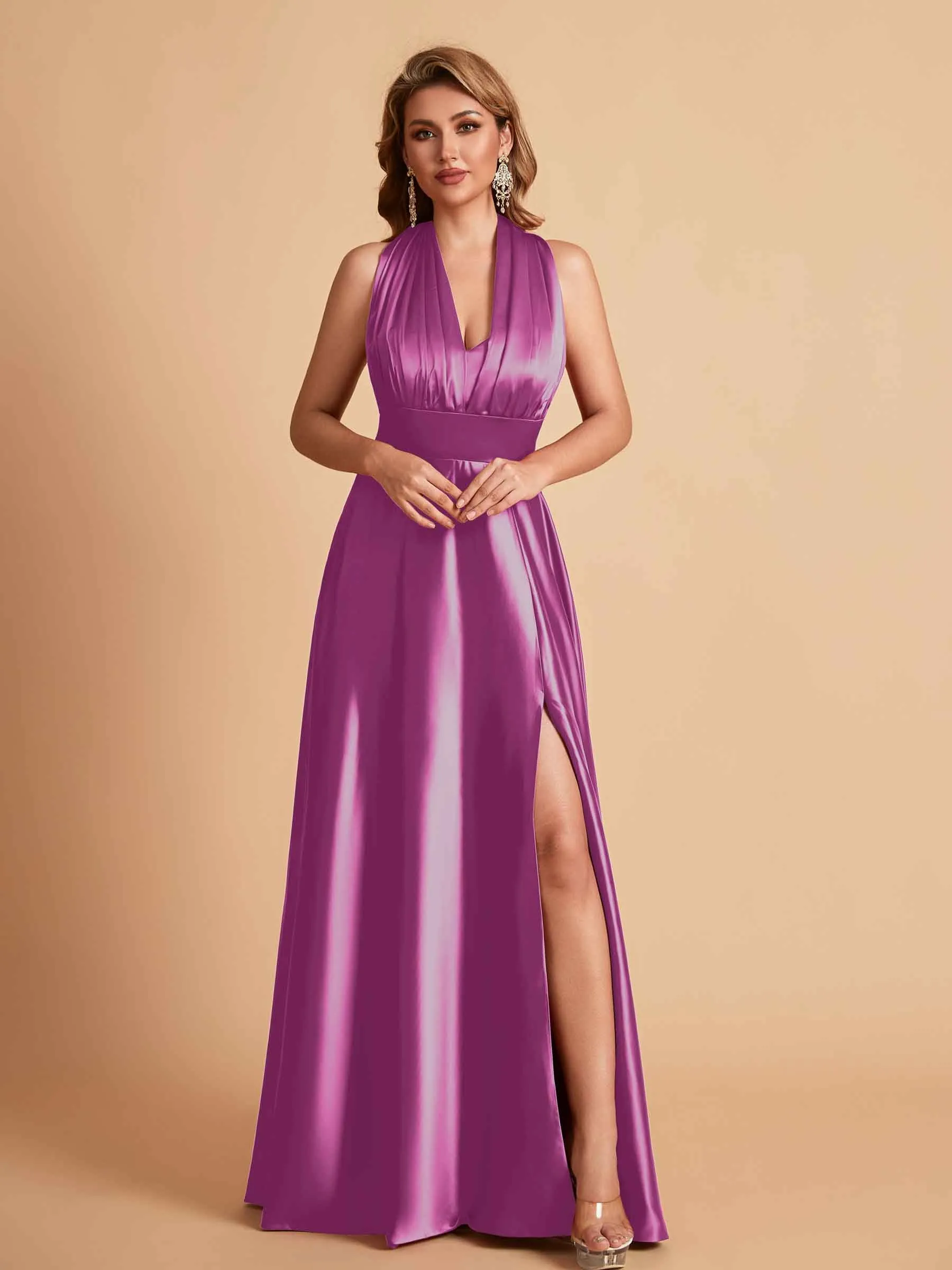 Sexy Satin A-line Convertible Side Slit Maxi Long Bridesmaid Dresses Online