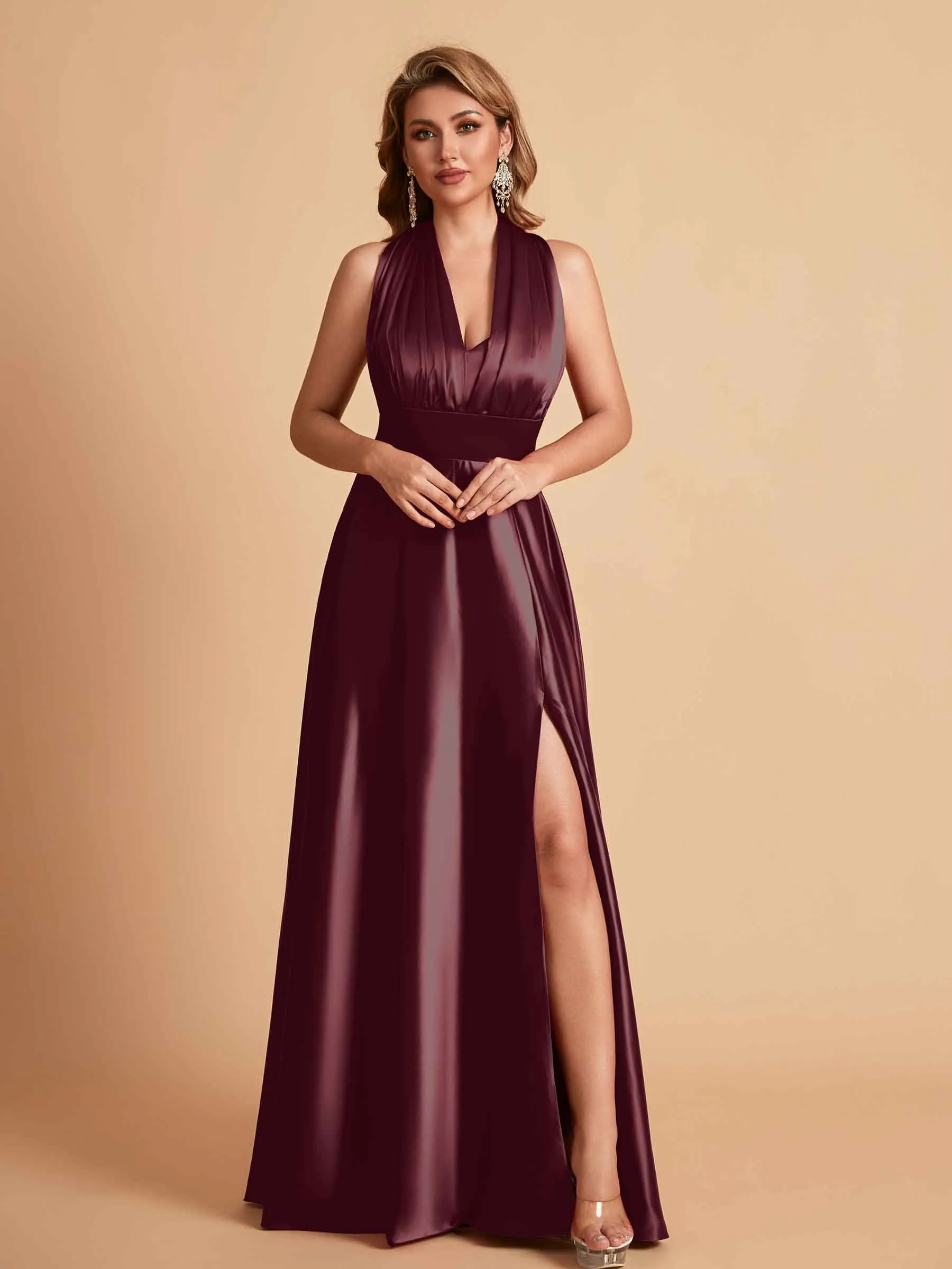 Sexy Satin A-line Convertible Side Slit Maxi Long Bridesmaid Dresses Online