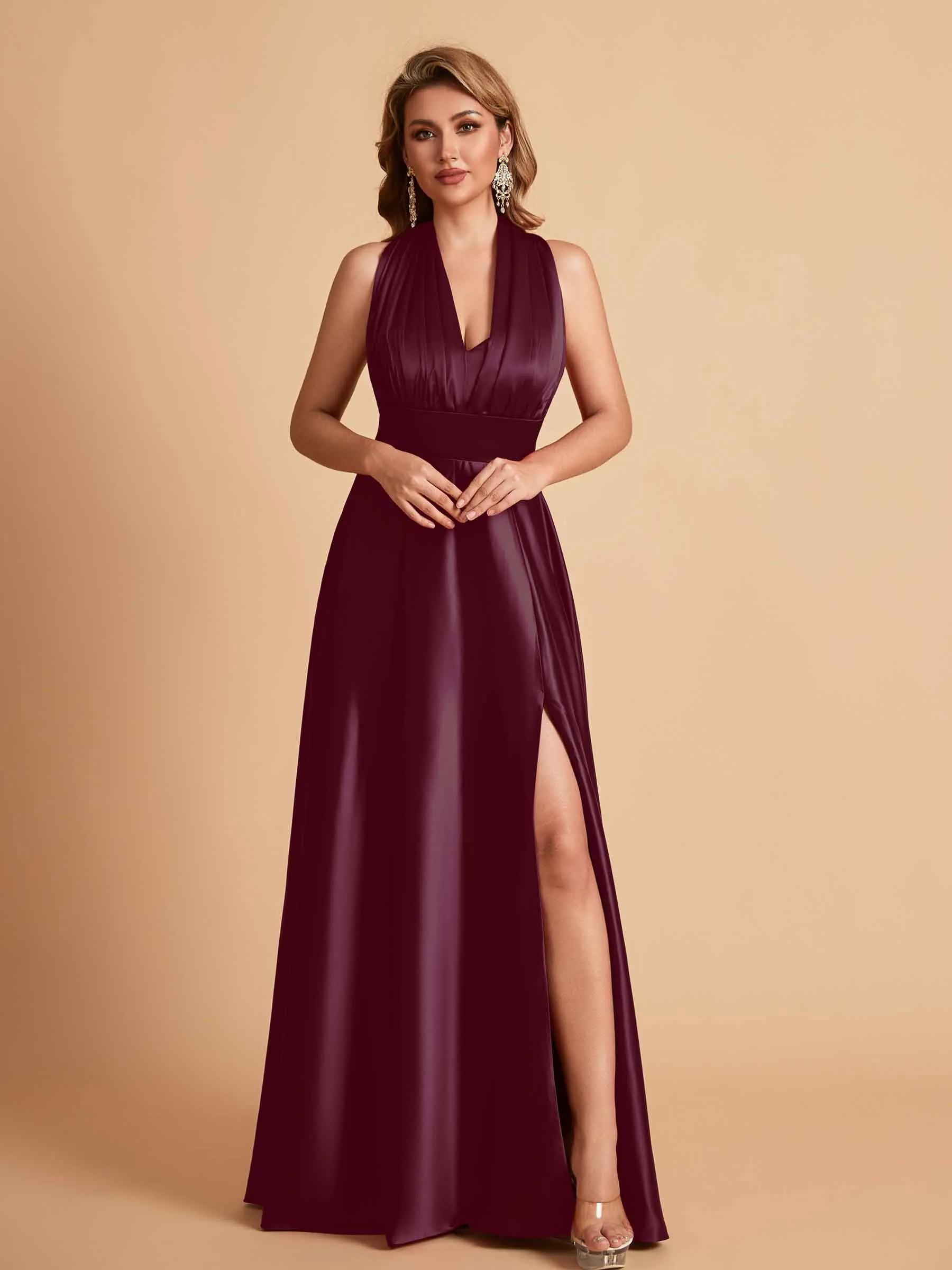 Sexy Satin A-line Convertible Side Slit Maxi Long Bridesmaid Dresses Online
