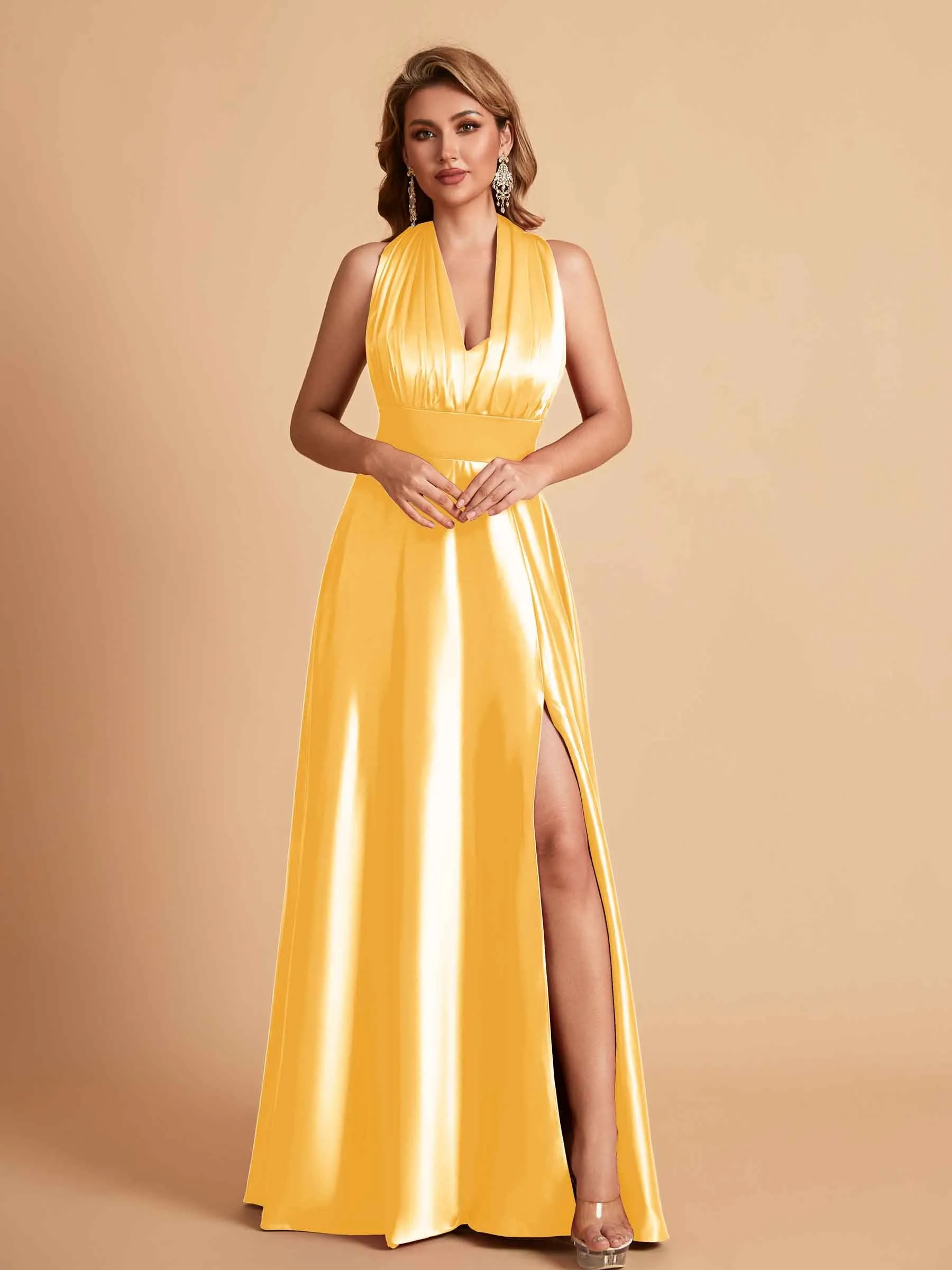 Sexy Satin A-line Convertible Side Slit Maxi Long Bridesmaid Dresses Online