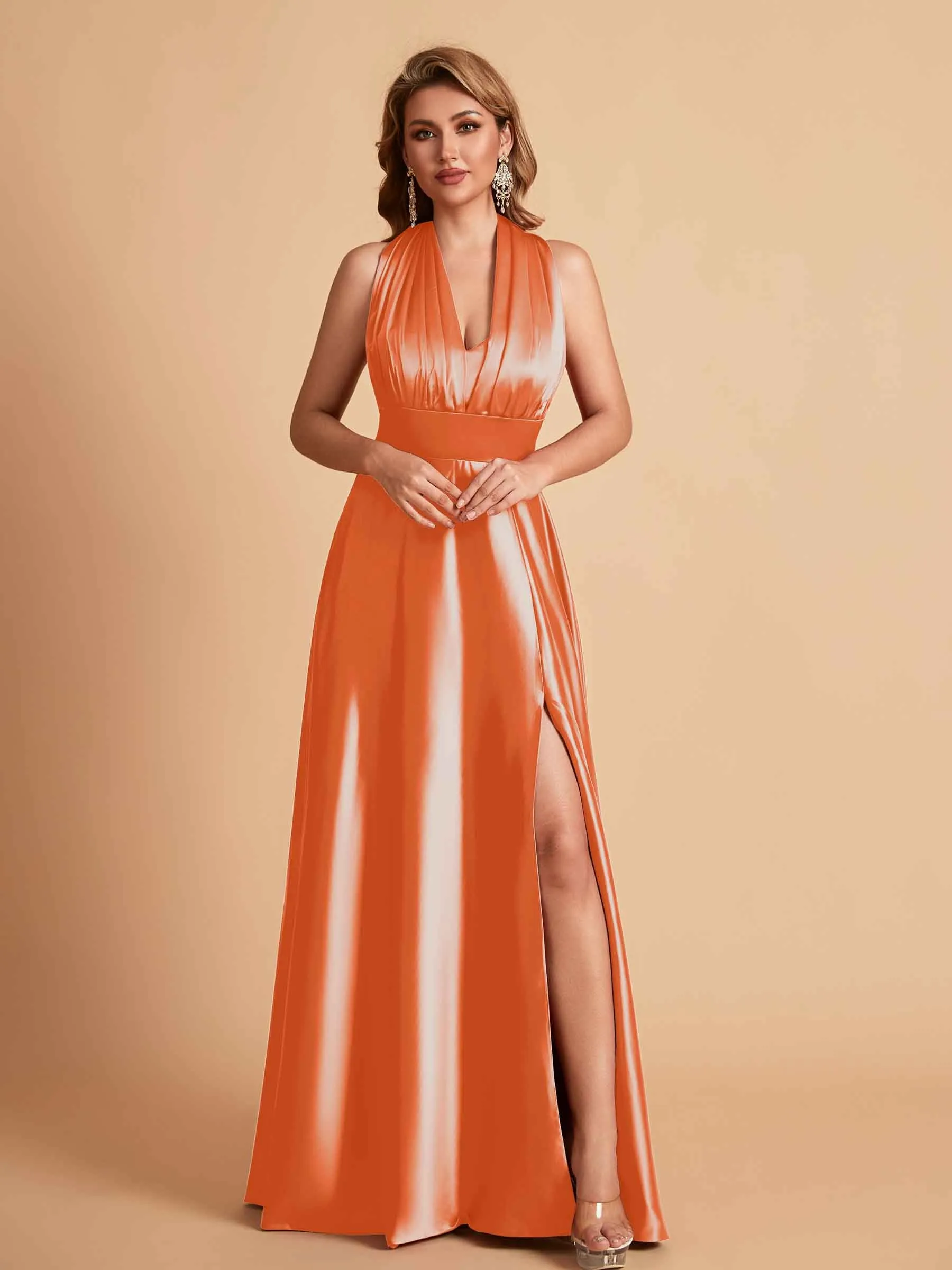 Sexy Satin A-line Convertible Side Slit Maxi Long Bridesmaid Dresses Online