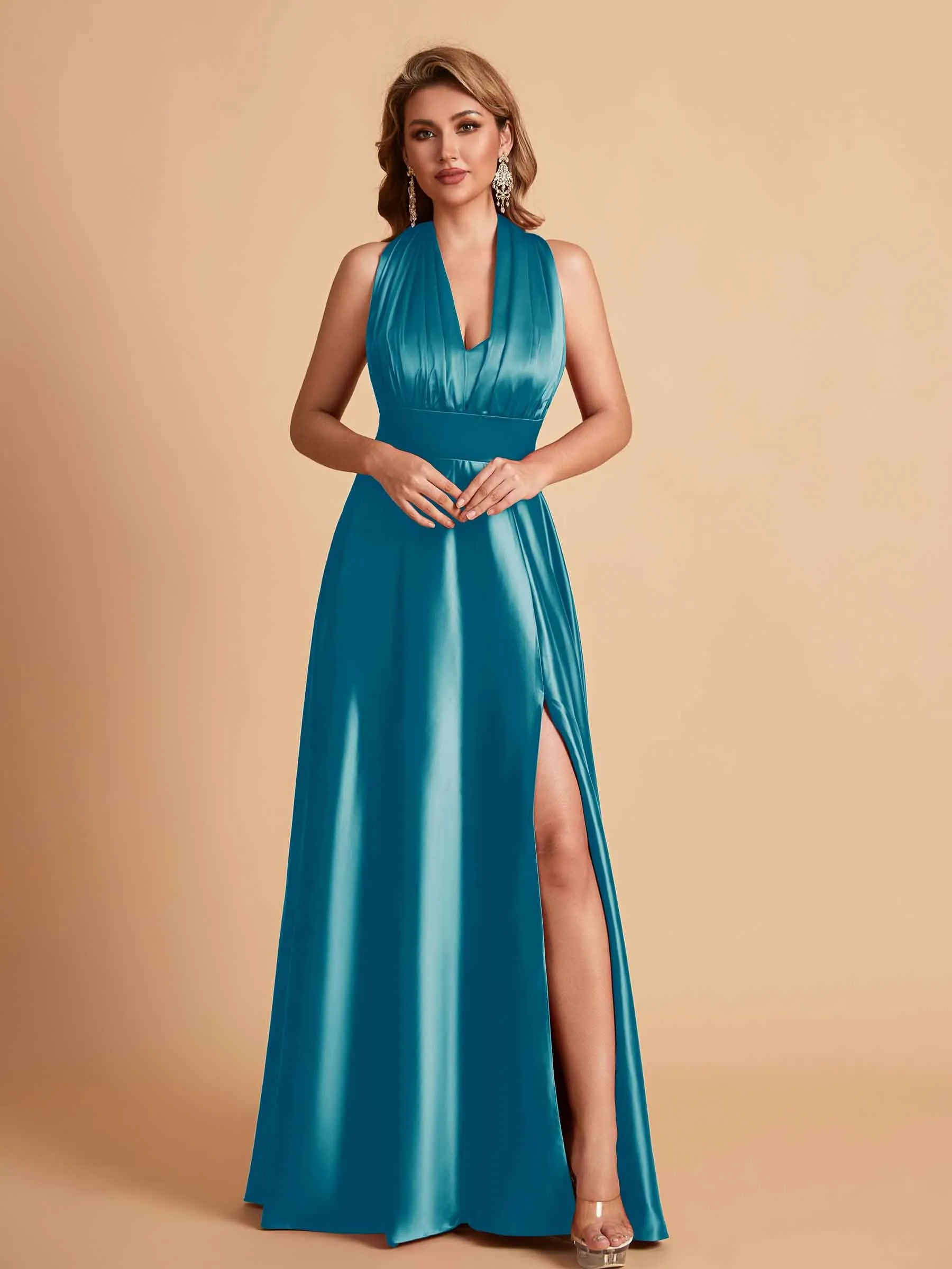 Sexy Satin A-line Convertible Side Slit Maxi Long Bridesmaid Dresses Online