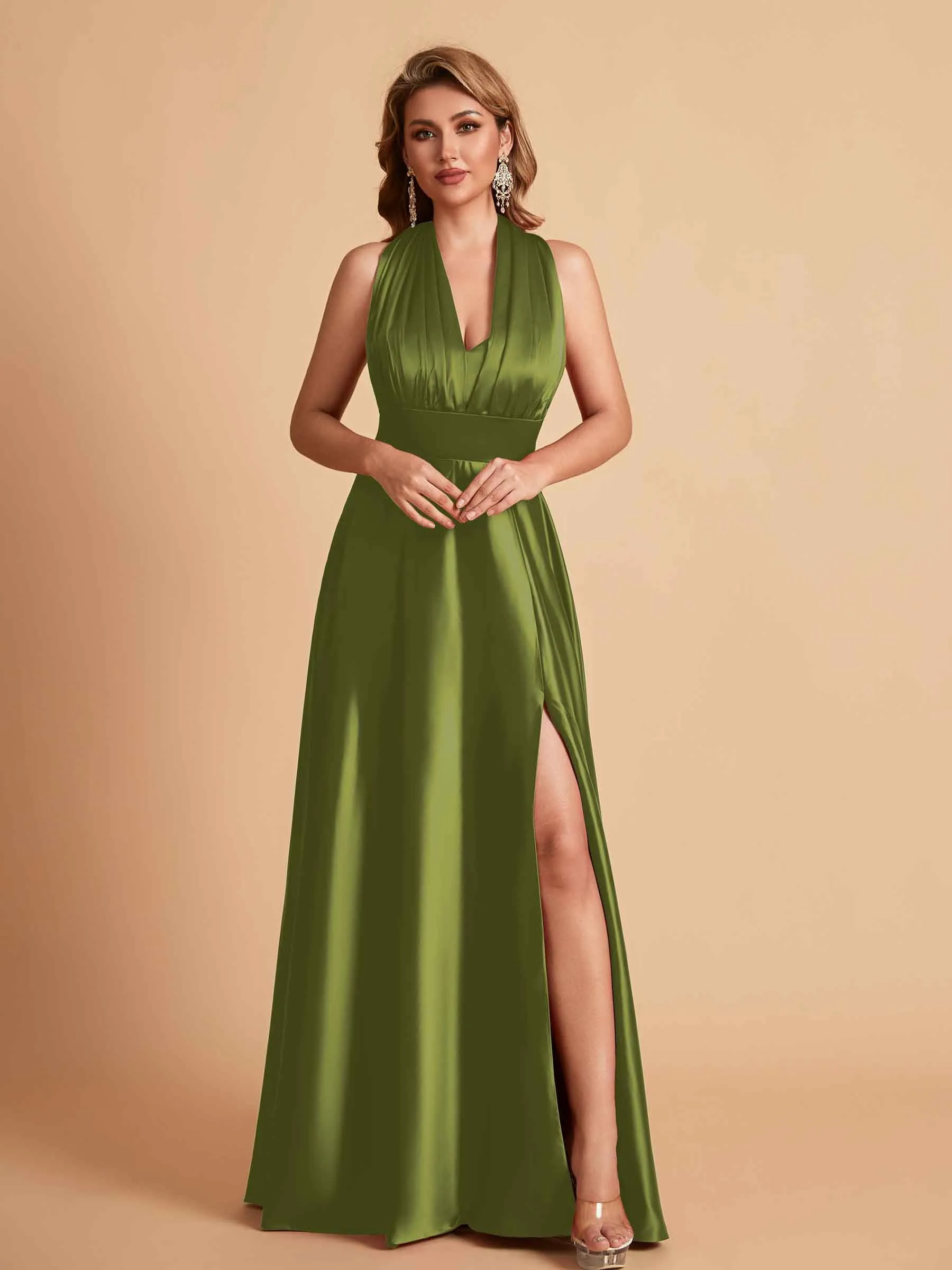 Sexy Satin A-line Convertible Side Slit Maxi Long Bridesmaid Dresses Online