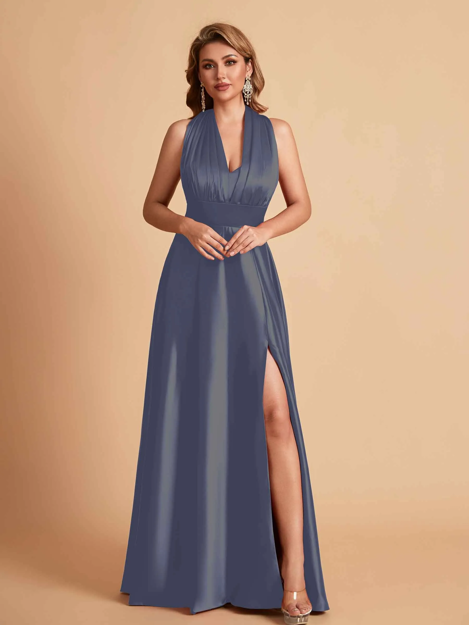Sexy Satin A-line Convertible Side Slit Maxi Long Bridesmaid Dresses Online