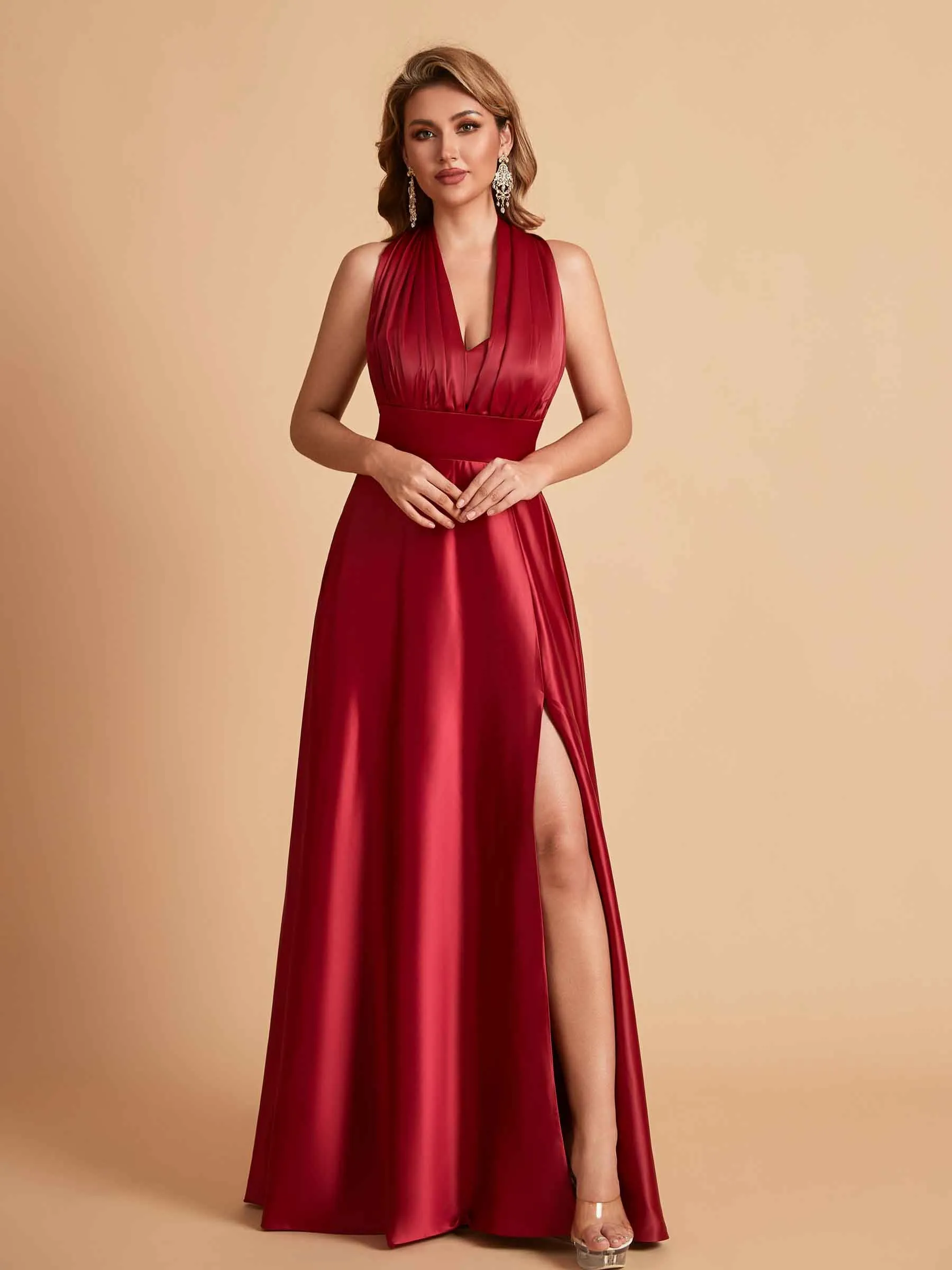 Sexy Satin A-line Convertible Side Slit Maxi Long Bridesmaid Dresses Online