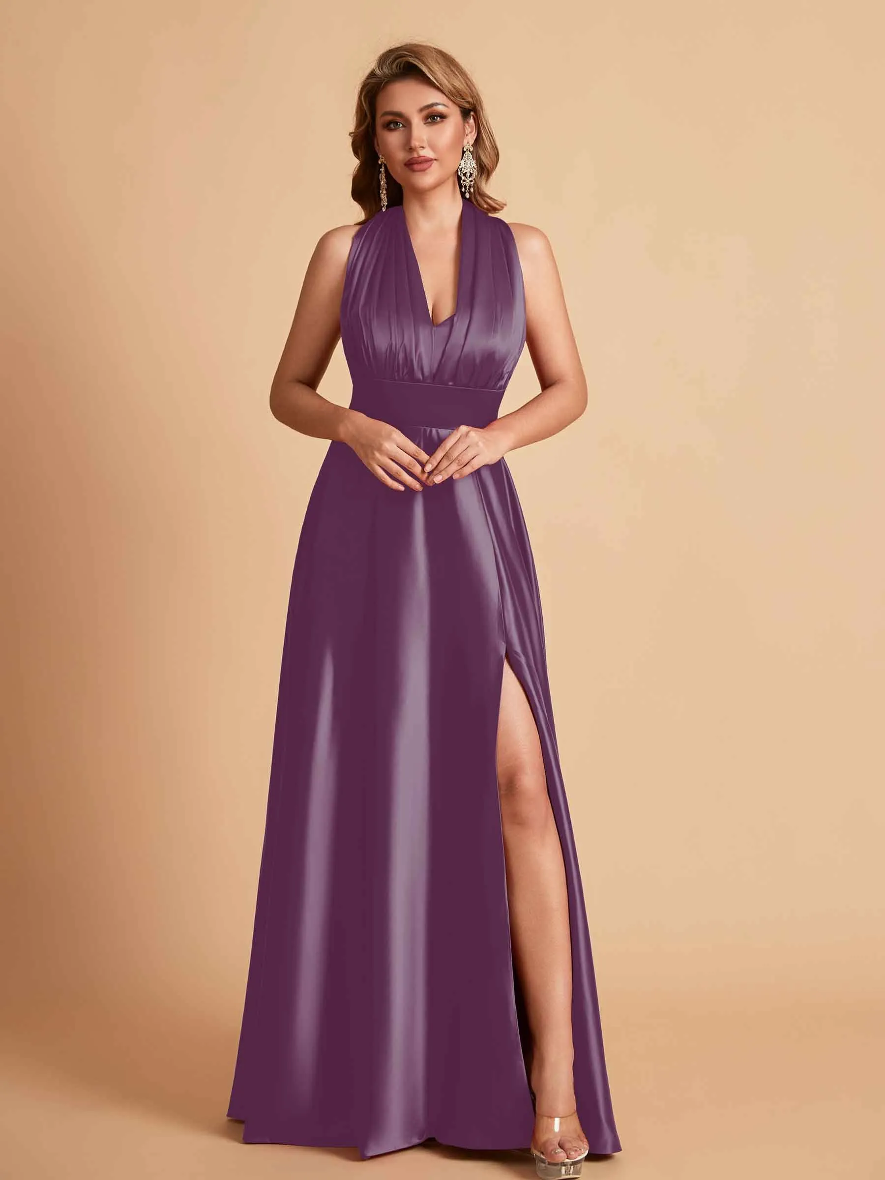 Sexy Satin A-line Convertible Side Slit Maxi Long Bridesmaid Dresses Online