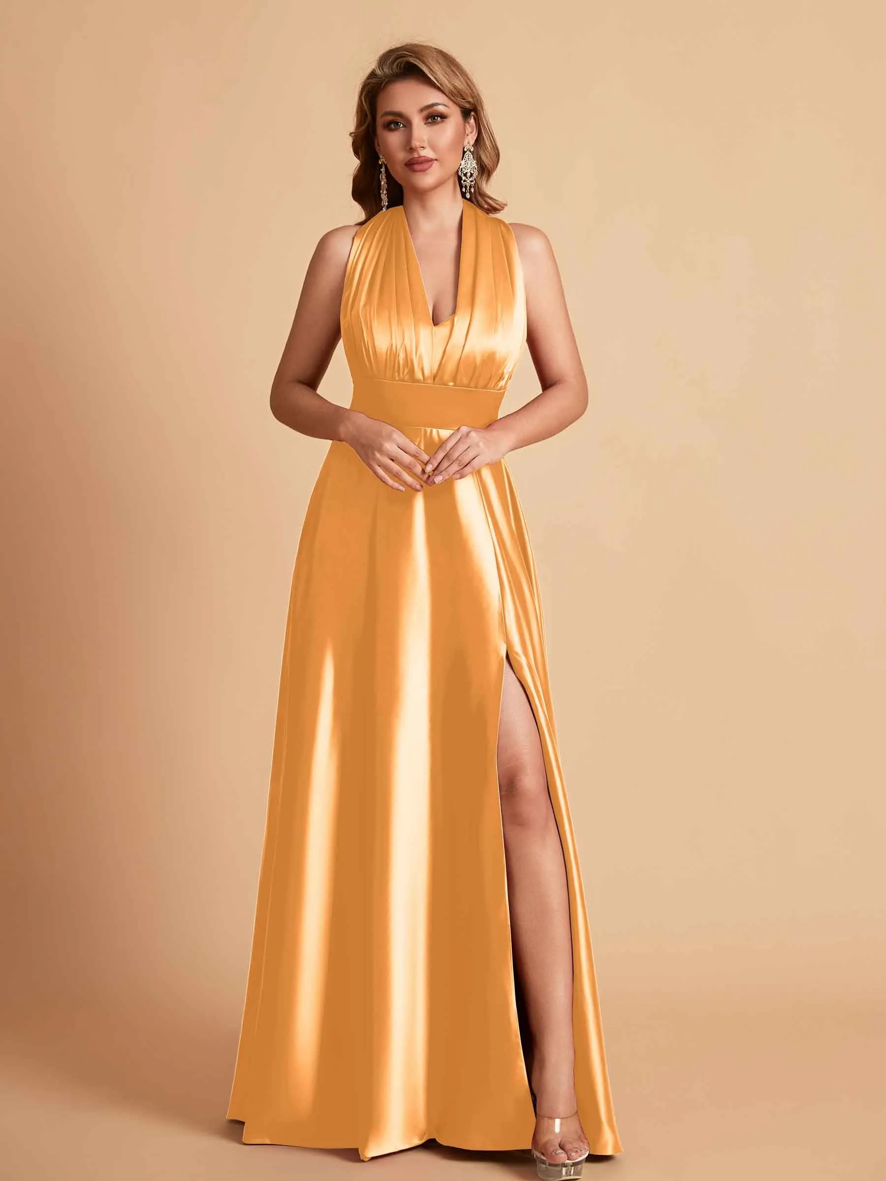Sexy Satin A-line Convertible Side Slit Maxi Long Bridesmaid Dresses Online