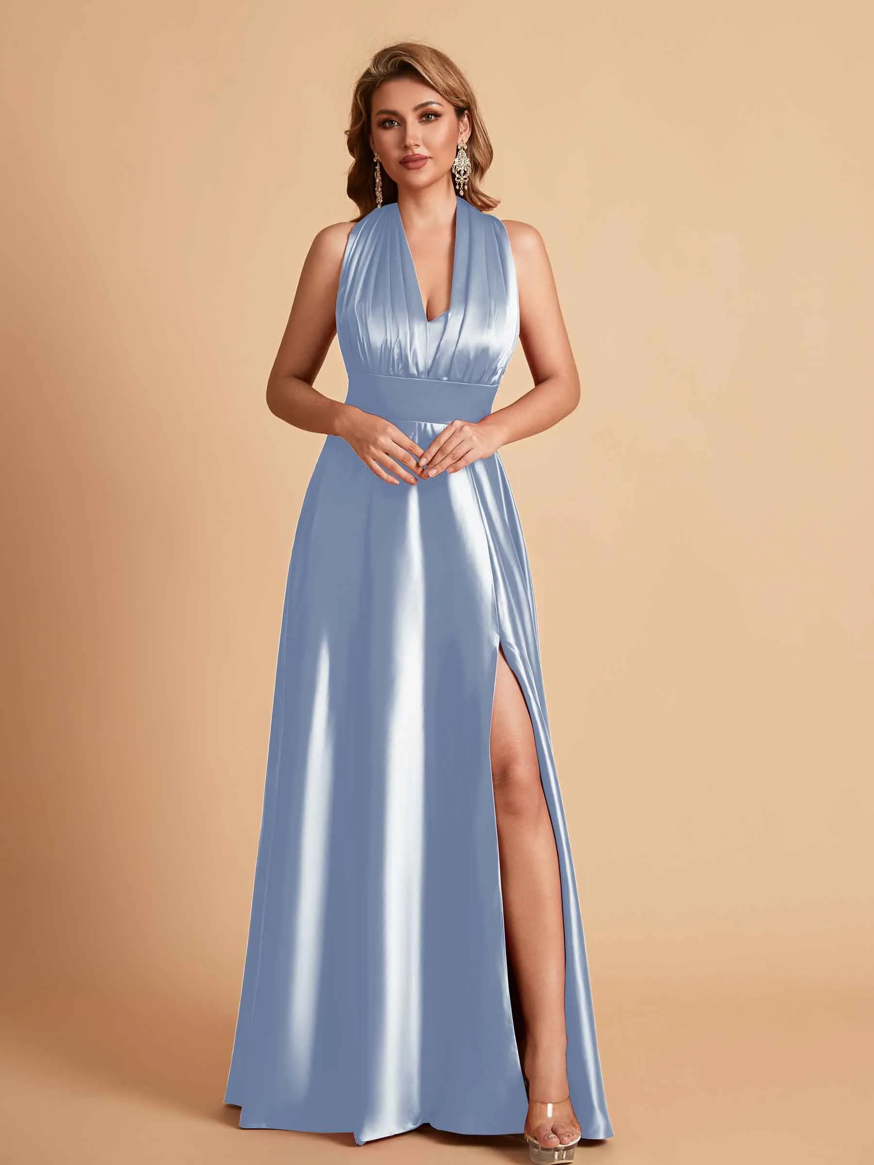 Sexy Satin A-line Convertible Side Slit Maxi Long Bridesmaid Dresses Online