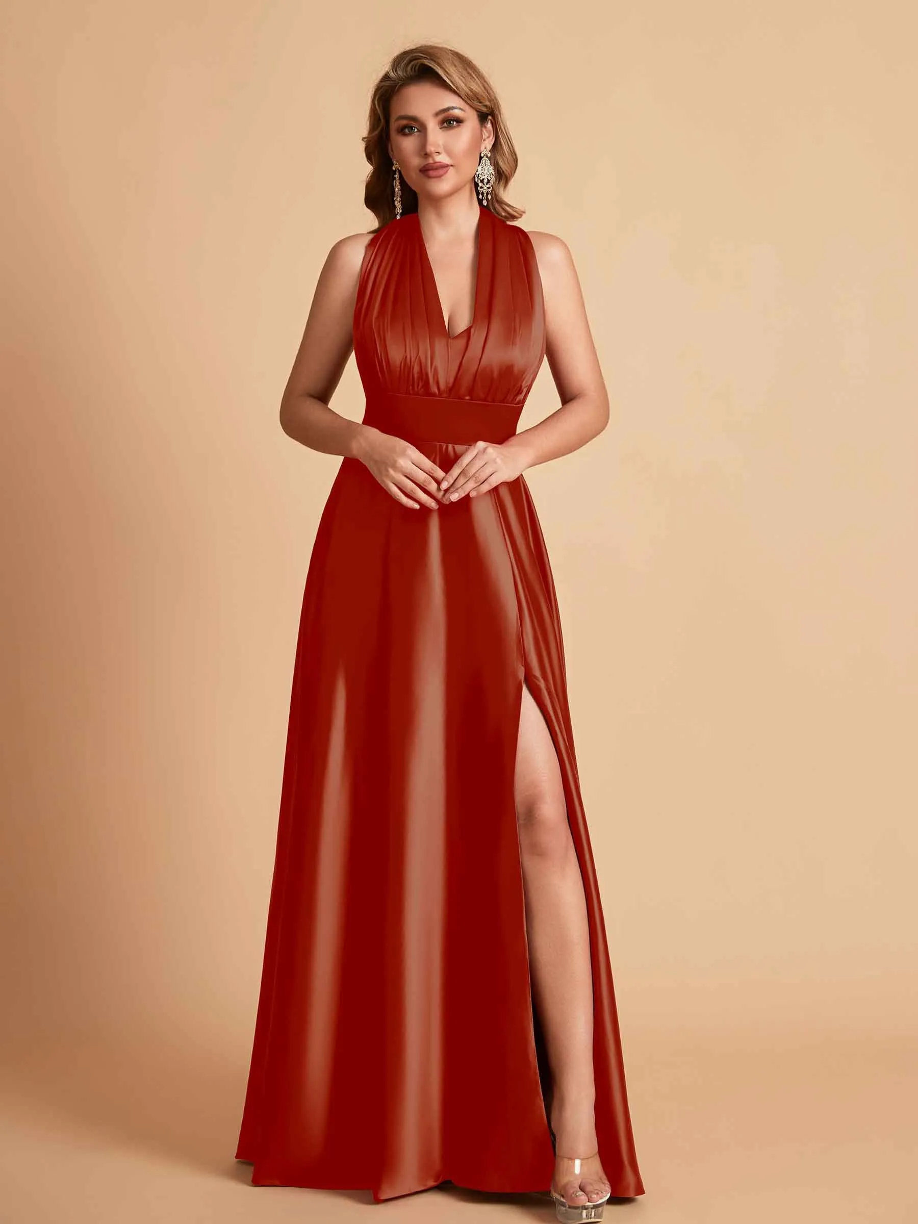 Sexy Satin A-line Convertible Side Slit Maxi Long Bridesmaid Dresses Online