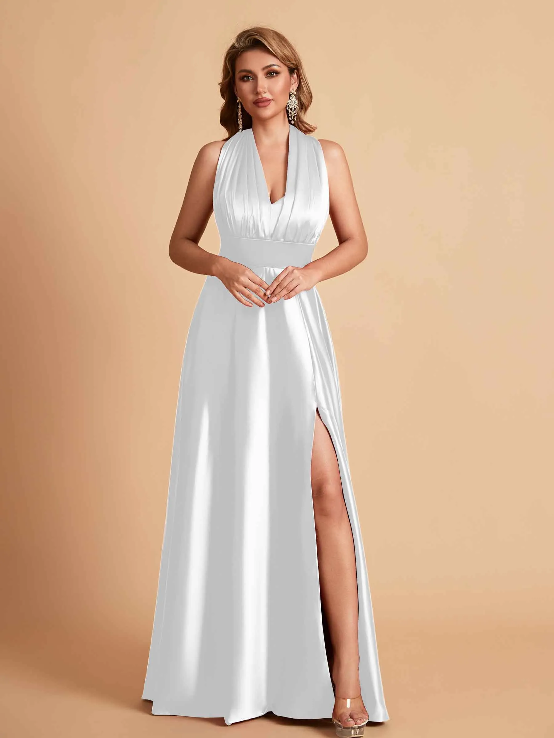 Sexy Satin A-line Convertible Side Slit Maxi Long Bridesmaid Dresses Online