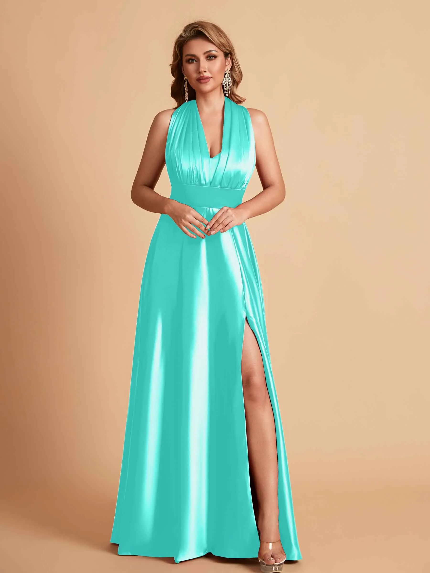 Sexy Satin A-line Convertible Side Slit Maxi Long Bridesmaid Dresses Online