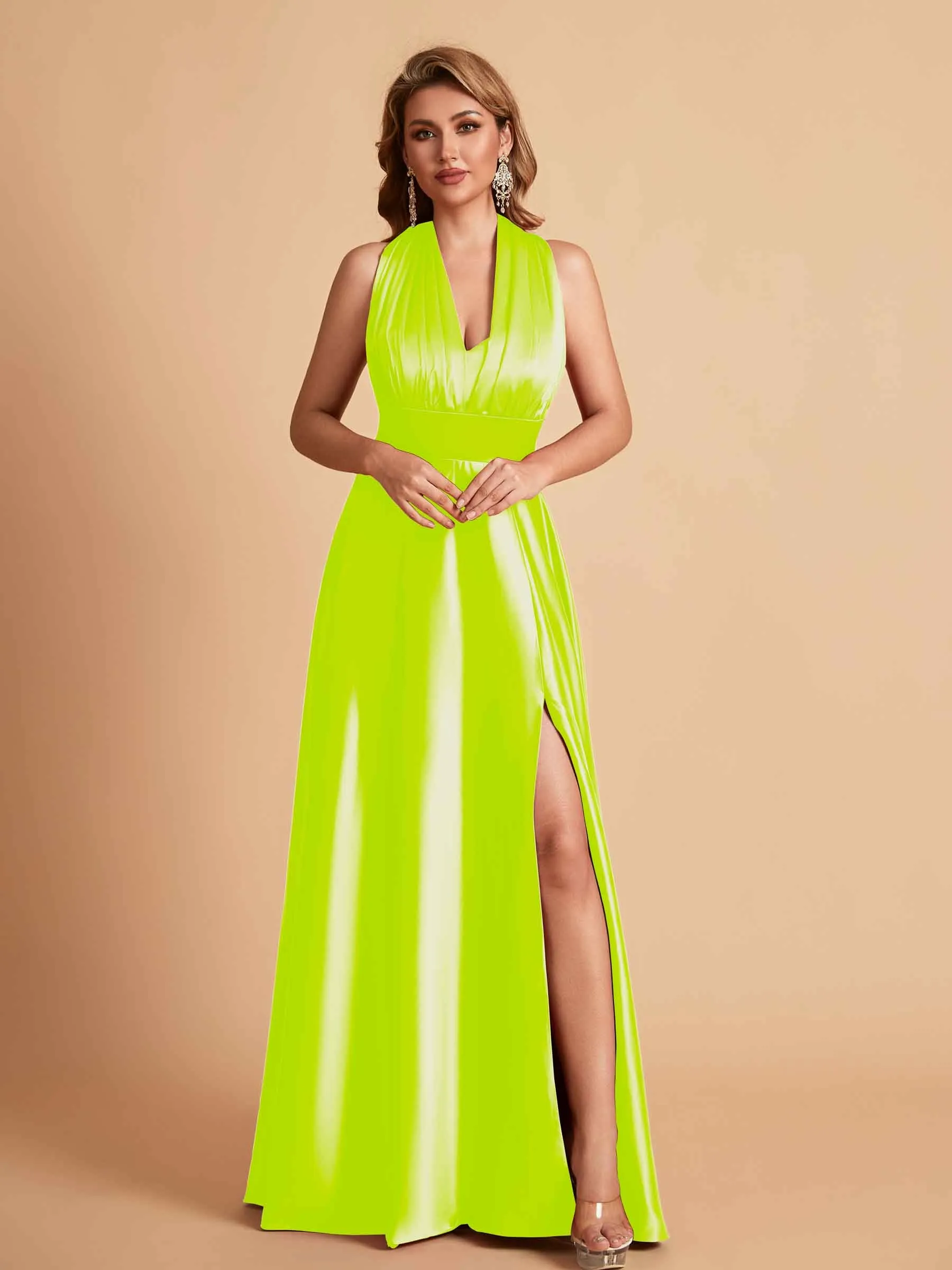 Sexy Satin A-line Convertible Side Slit Maxi Long Bridesmaid Dresses Online