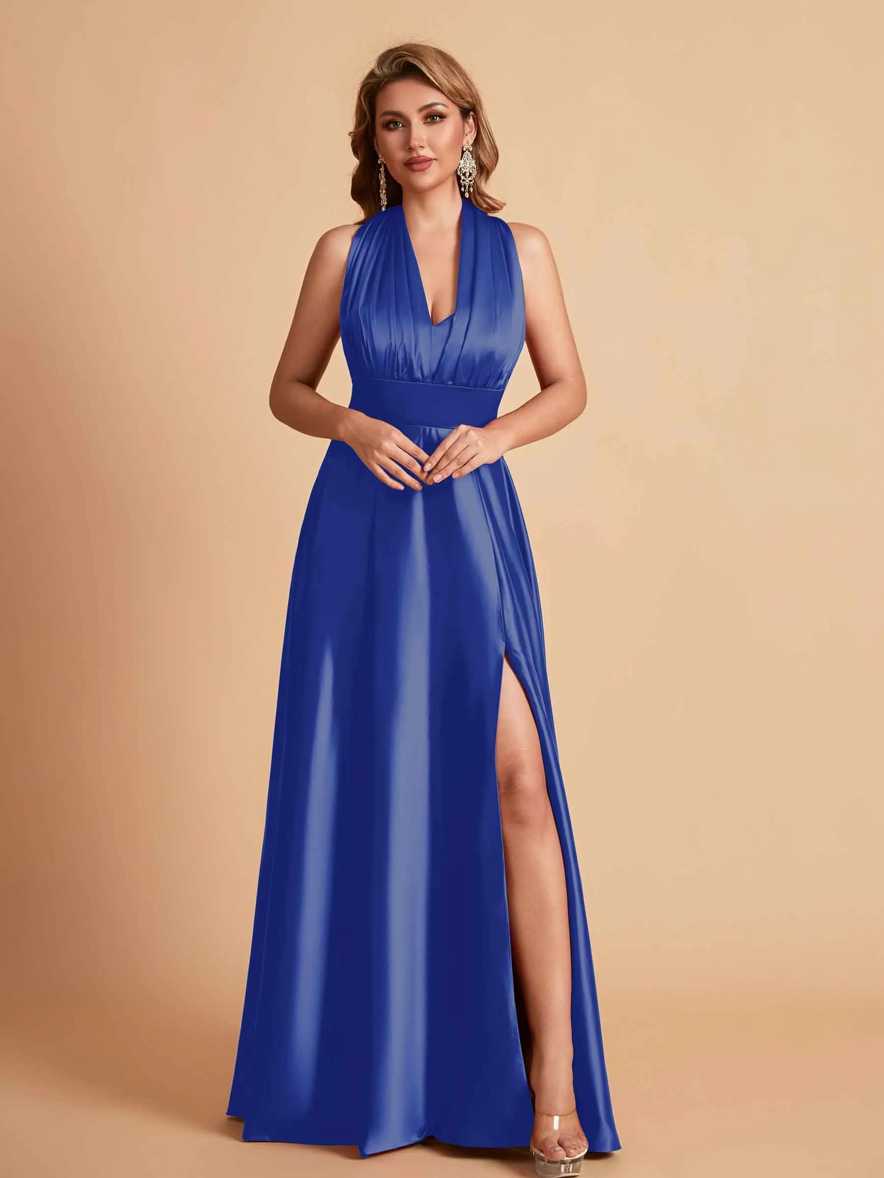 Sexy Satin A-line Convertible Side Slit Maxi Long Bridesmaid Dresses Online