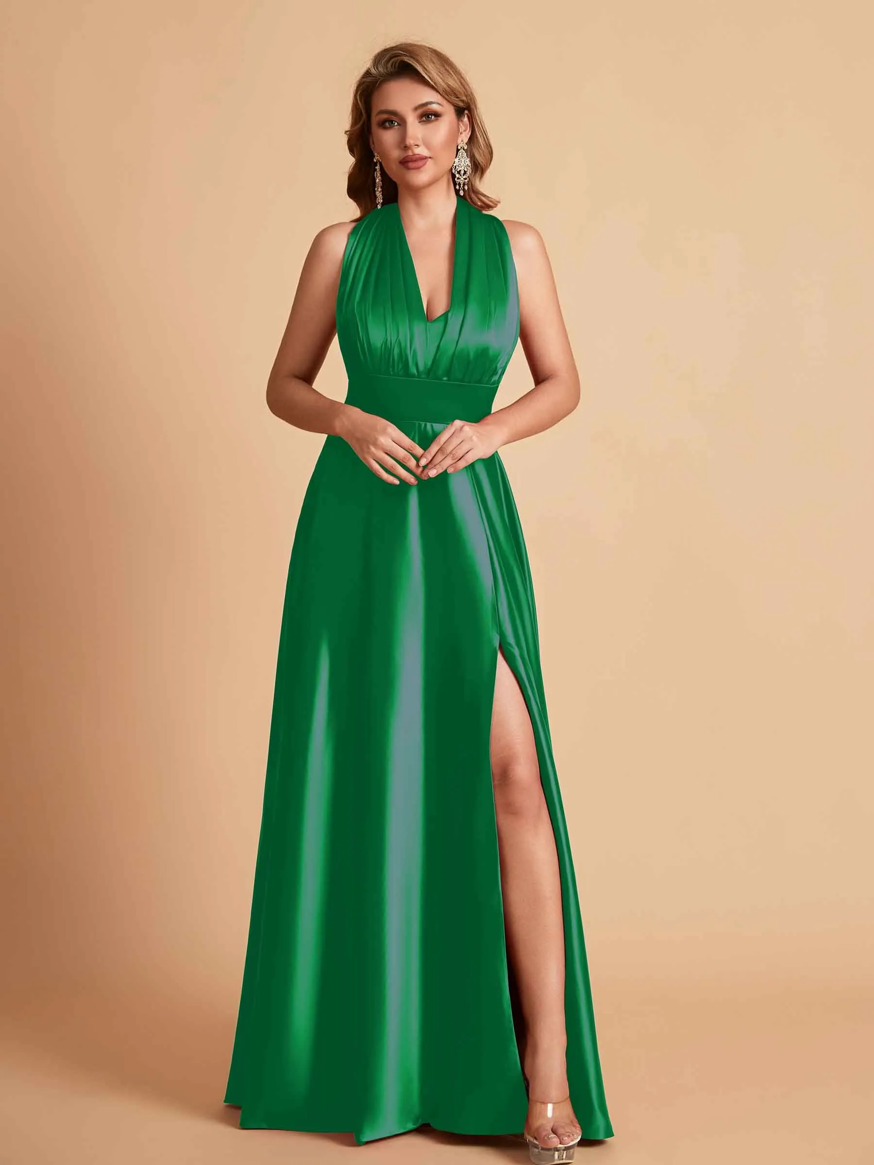 Sexy Satin A-line Convertible Side Slit Maxi Long Bridesmaid Dresses Online