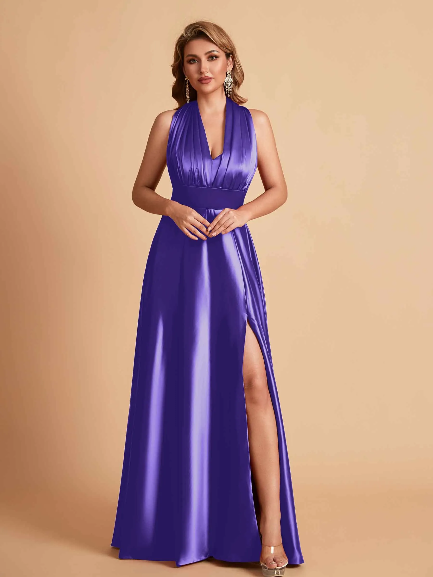 Sexy Satin A-line Convertible Side Slit Maxi Long Bridesmaid Dresses Online