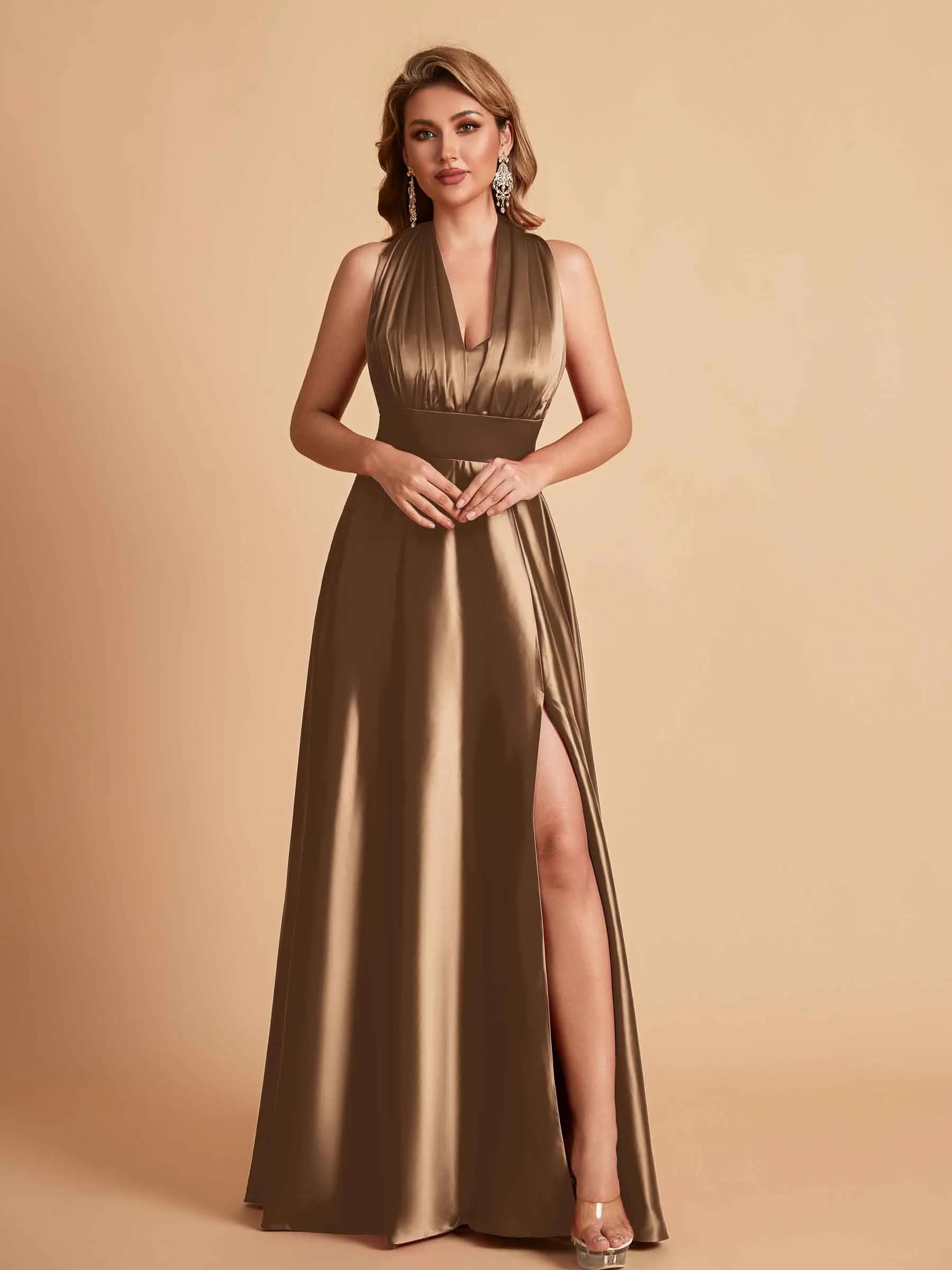 Sexy Satin A-line Convertible Side Slit Maxi Long Bridesmaid Dresses Online