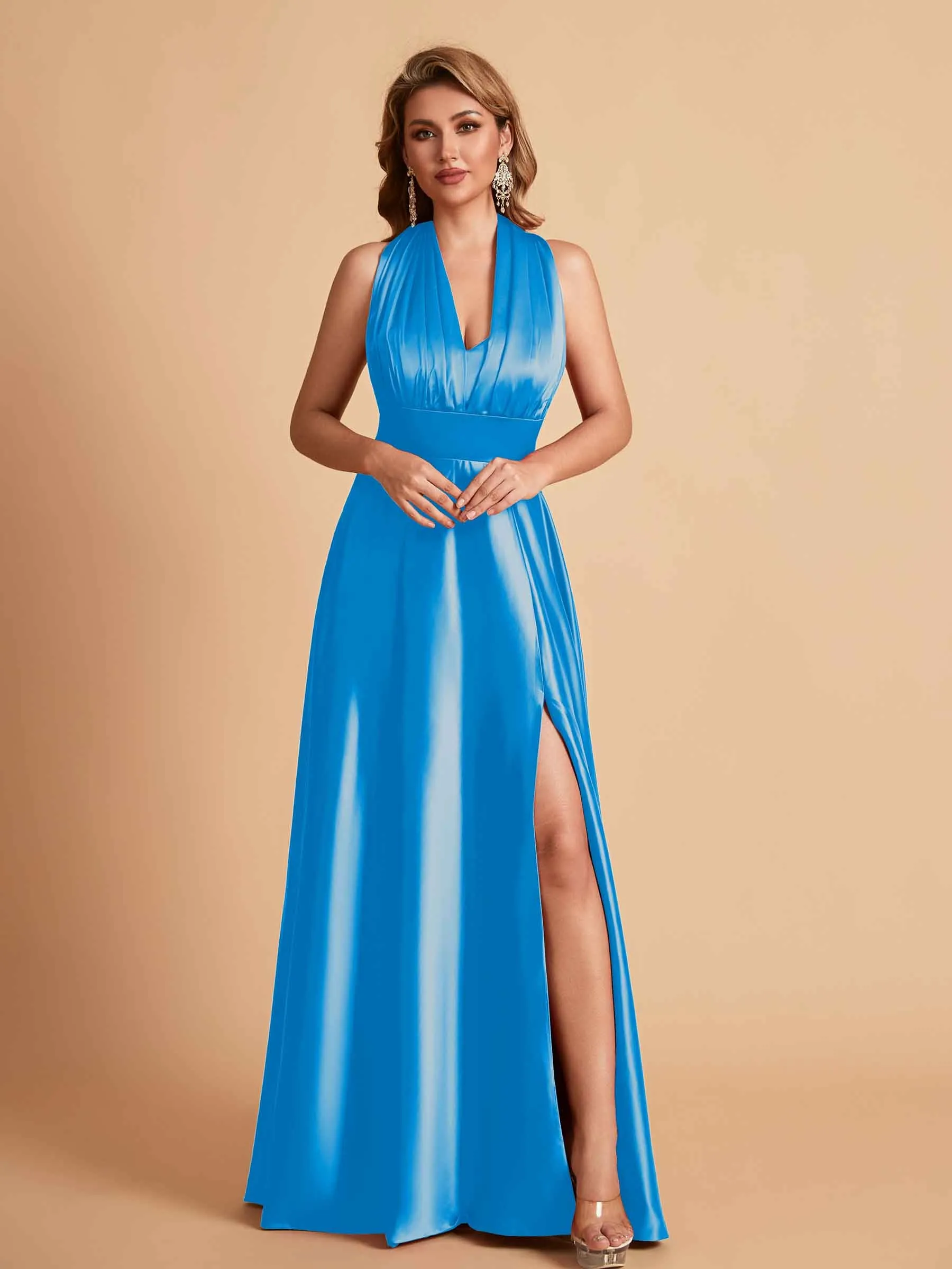 Sexy Satin A-line Convertible Side Slit Maxi Long Bridesmaid Dresses Online