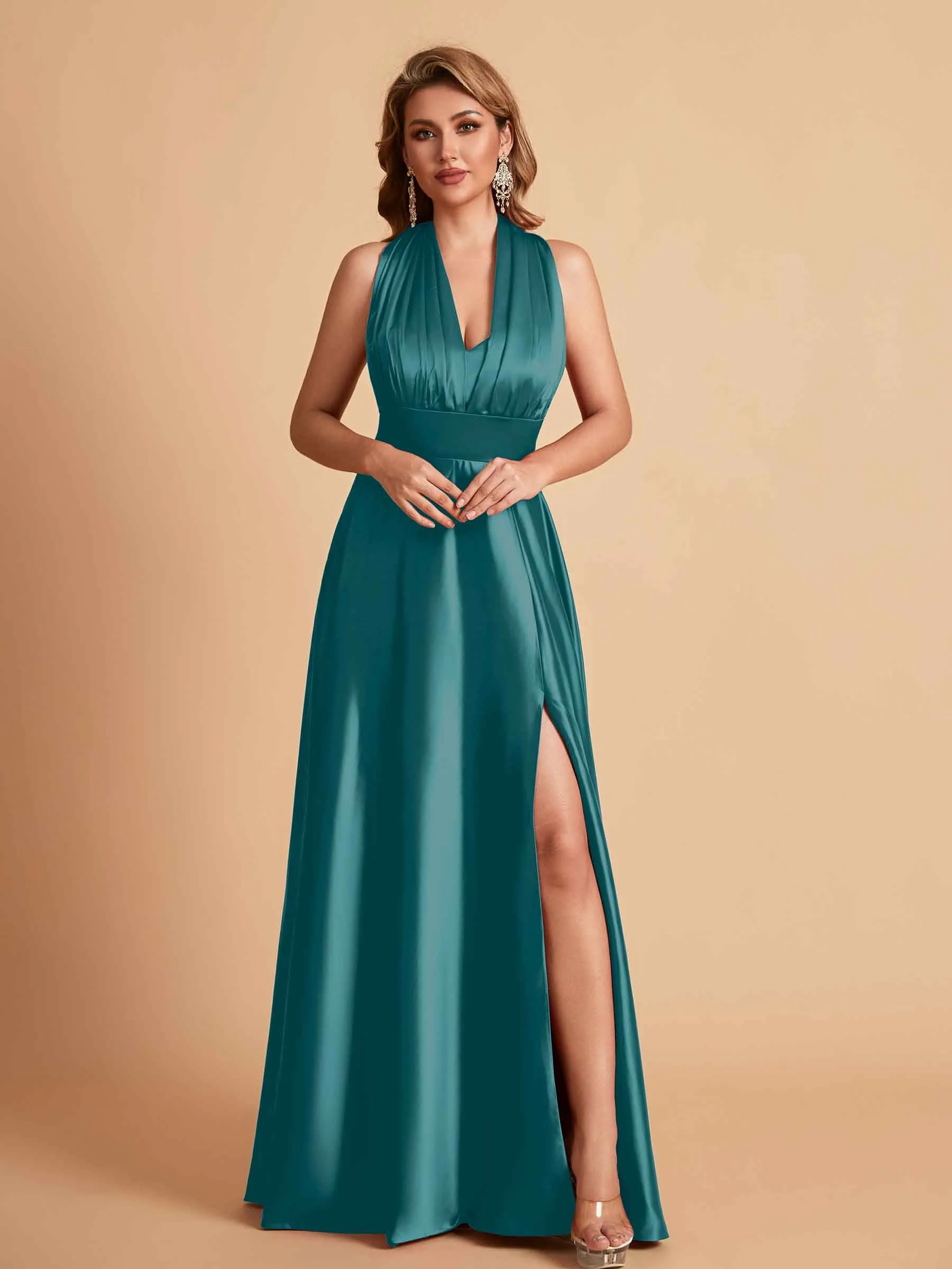 Sexy Satin A-line Convertible Side Slit Maxi Long Bridesmaid Dresses Online