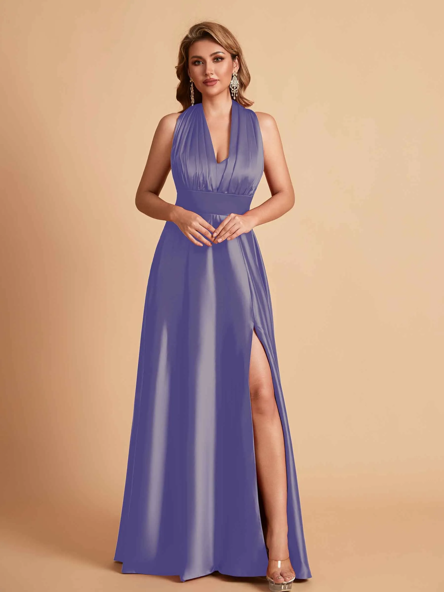 Sexy Satin A-line Convertible Side Slit Maxi Long Bridesmaid Dresses Online