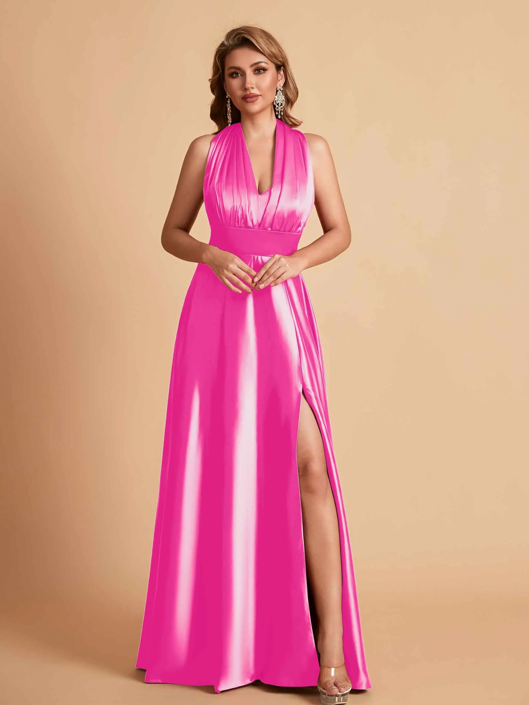Sexy Satin A-line Convertible Side Slit Maxi Long Bridesmaid Dresses Online