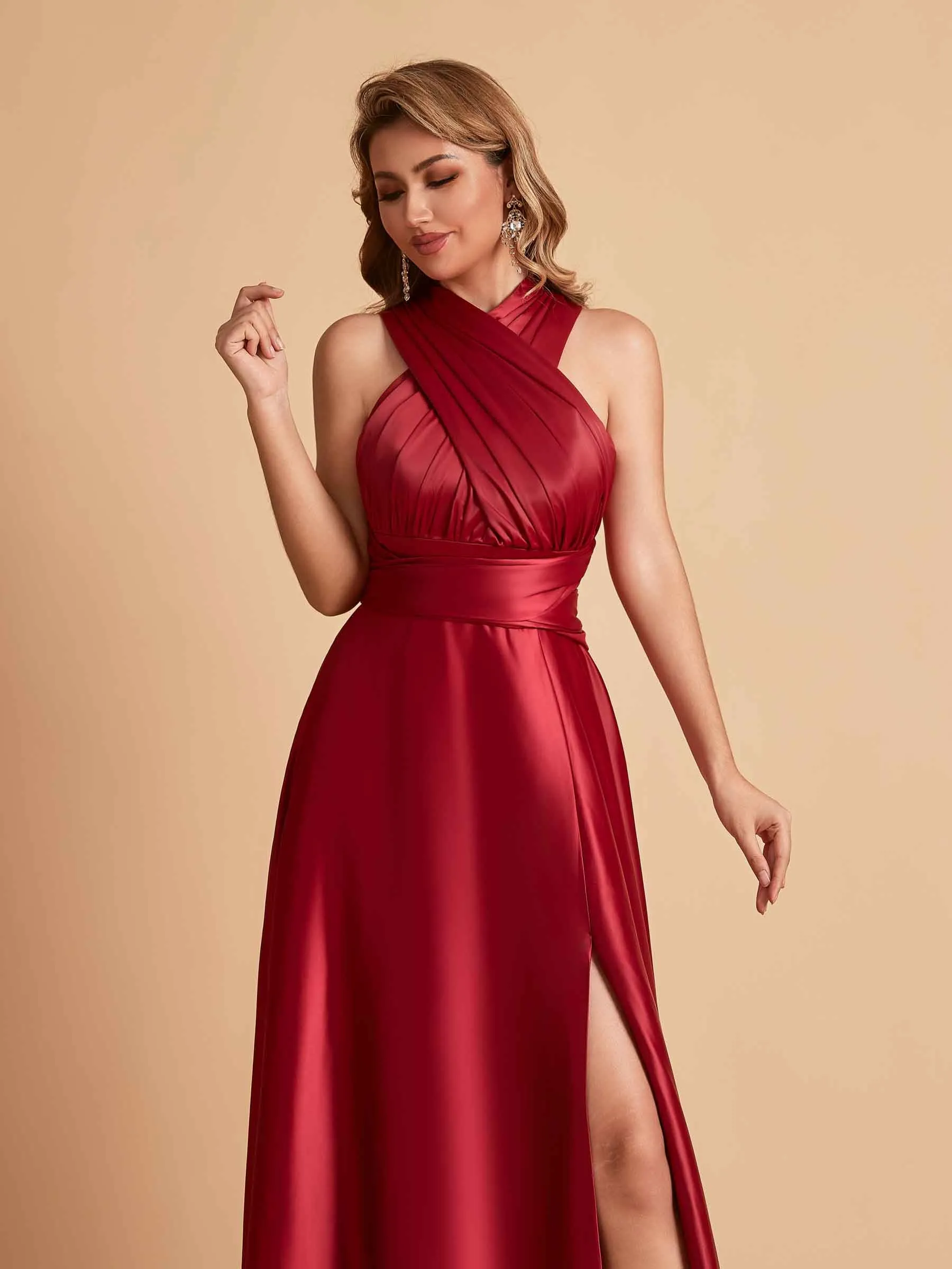 Sexy Satin A-line Convertible Side Slit Maxi Long Bridesmaid Dresses Online