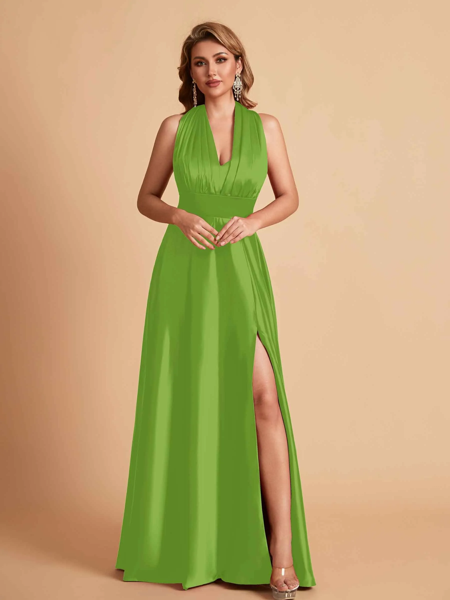 Sexy Satin A-line Convertible Side Slit Maxi Long Bridesmaid Dresses Online