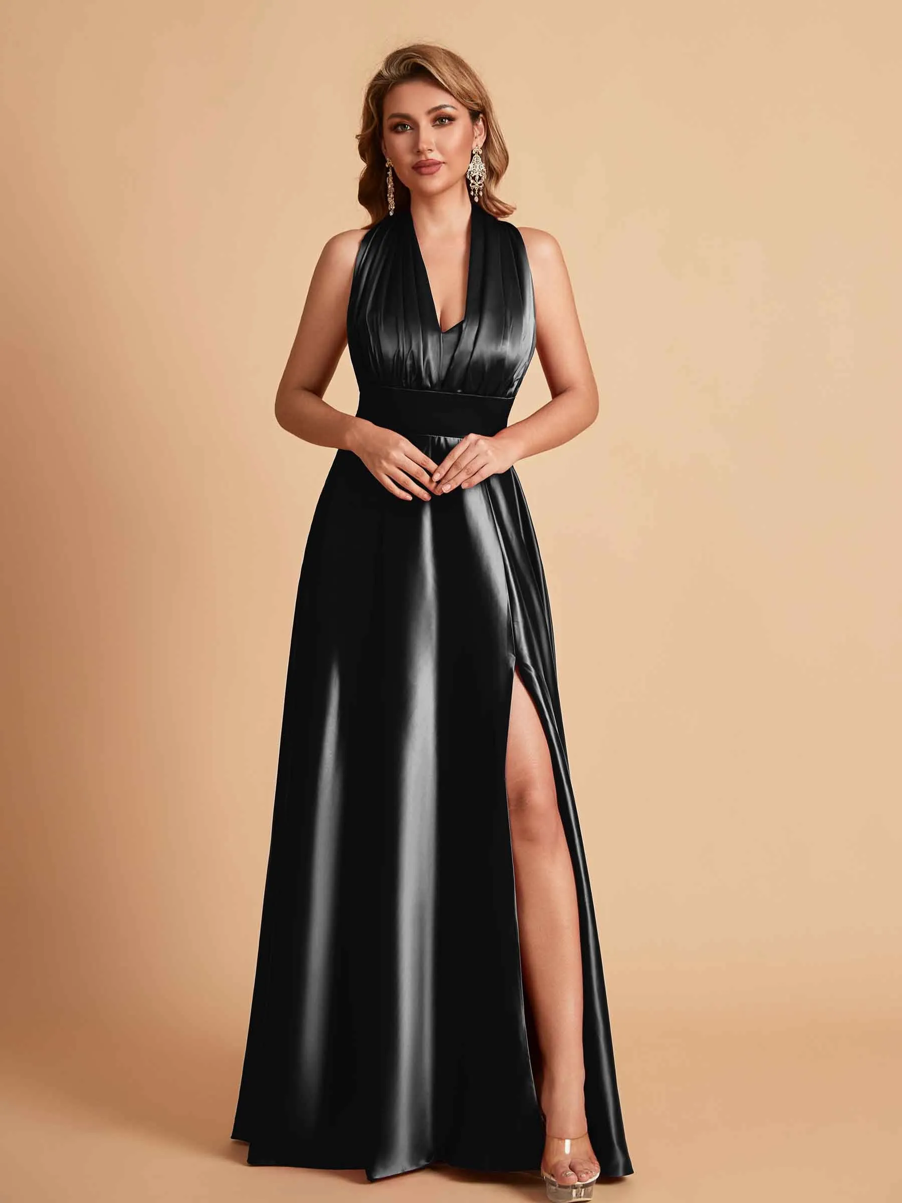 Sexy Satin A-line Convertible Side Slit Maxi Long Bridesmaid Dresses Online