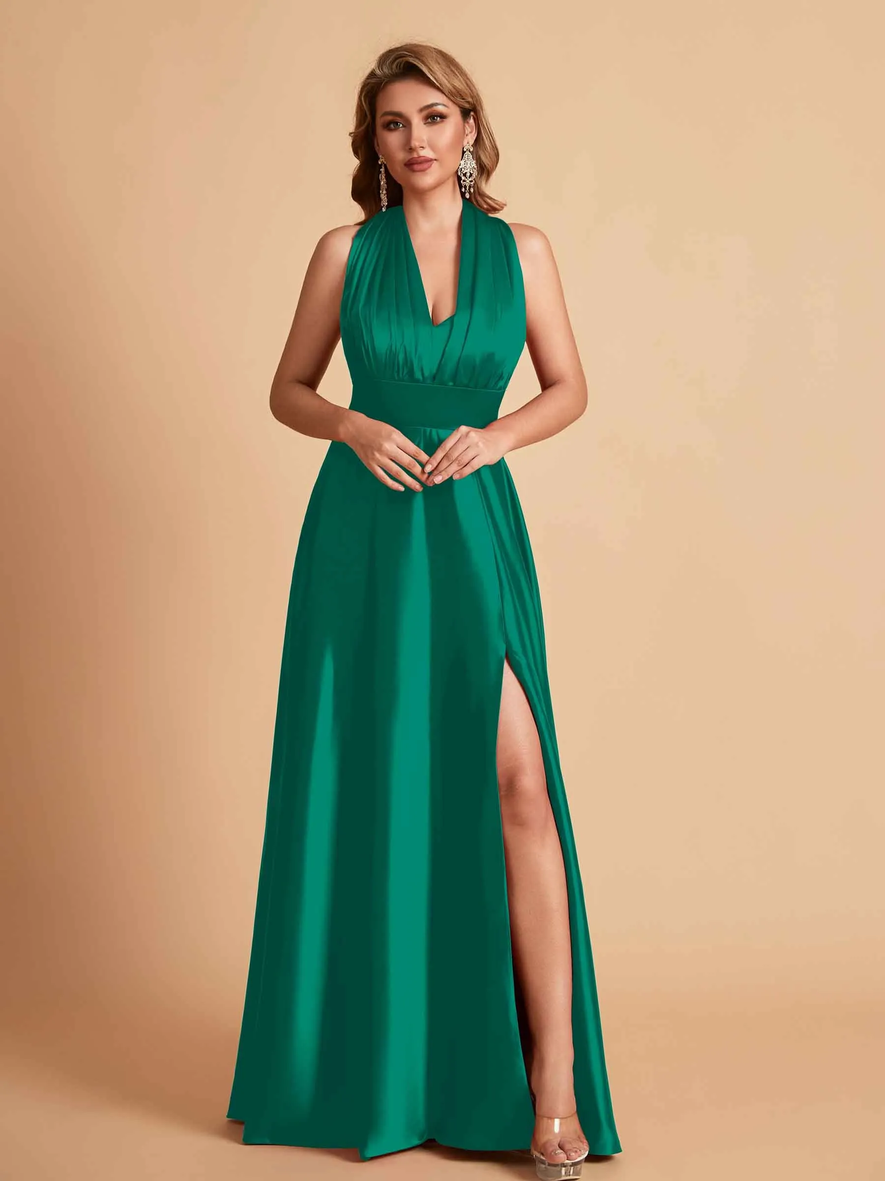 Sexy Satin A-line Convertible Side Slit Maxi Long Bridesmaid Dresses Online