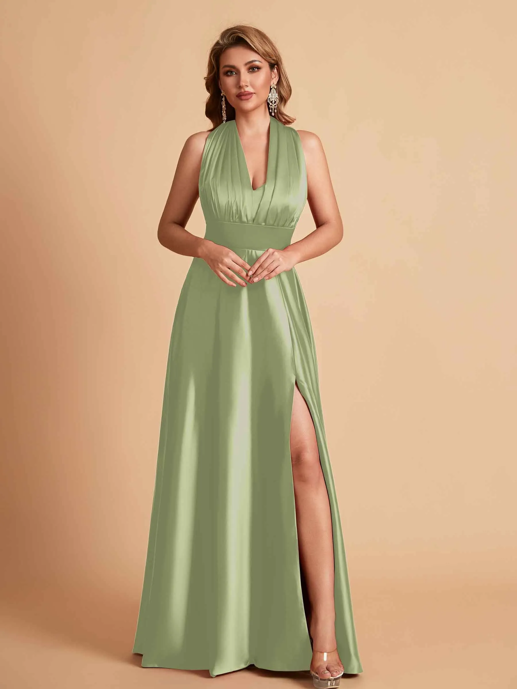 Sexy Satin A-line Convertible Side Slit Maxi Long Bridesmaid Dresses Online
