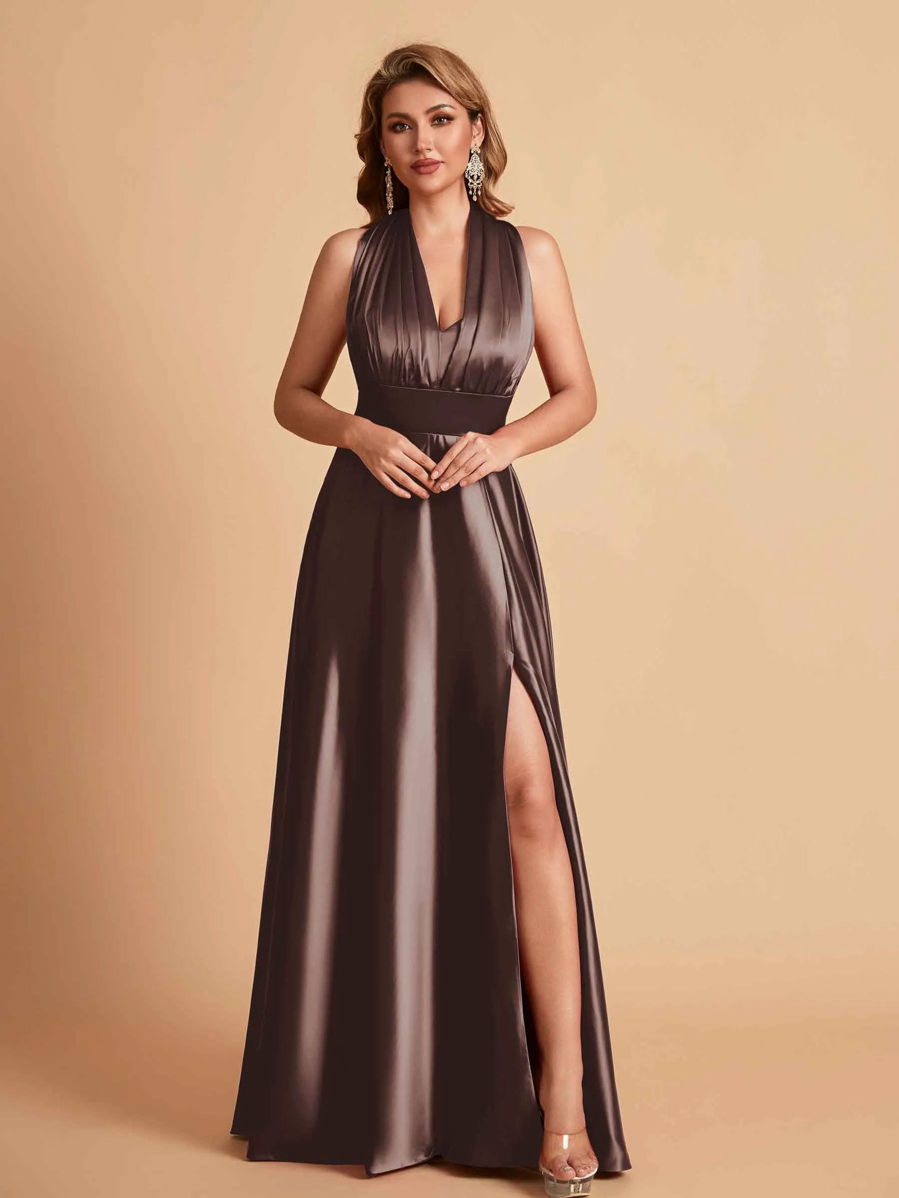 Sexy Satin A-line Convertible Side Slit Maxi Long Bridesmaid Dresses Online