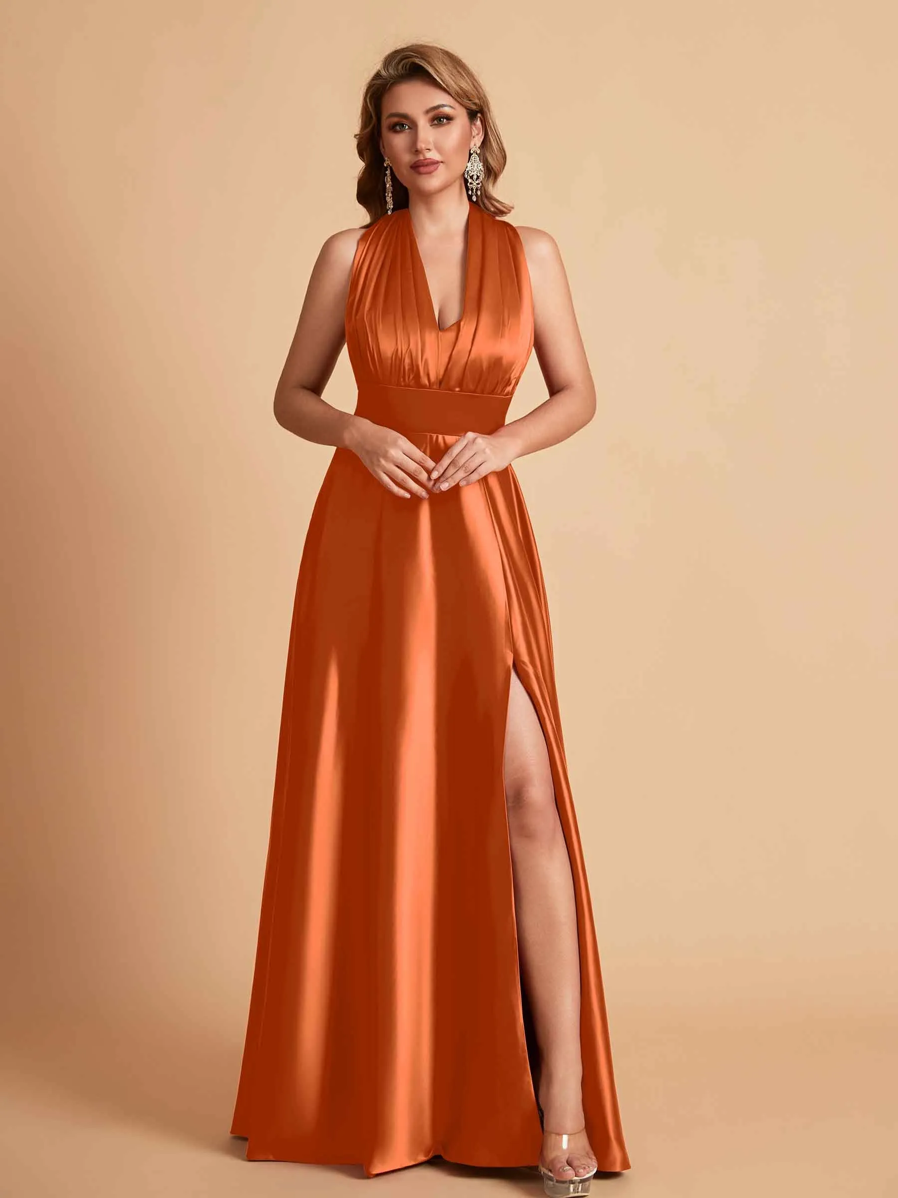 Sexy Satin A-line Convertible Side Slit Maxi Long Bridesmaid Dresses Online