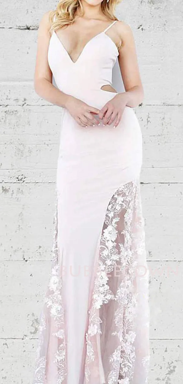 Sexy V-neck Spraghetti Straps Pink Long Mermaid Evening Prom Dresses, Cheap Custom Prom Dresses, MR7616