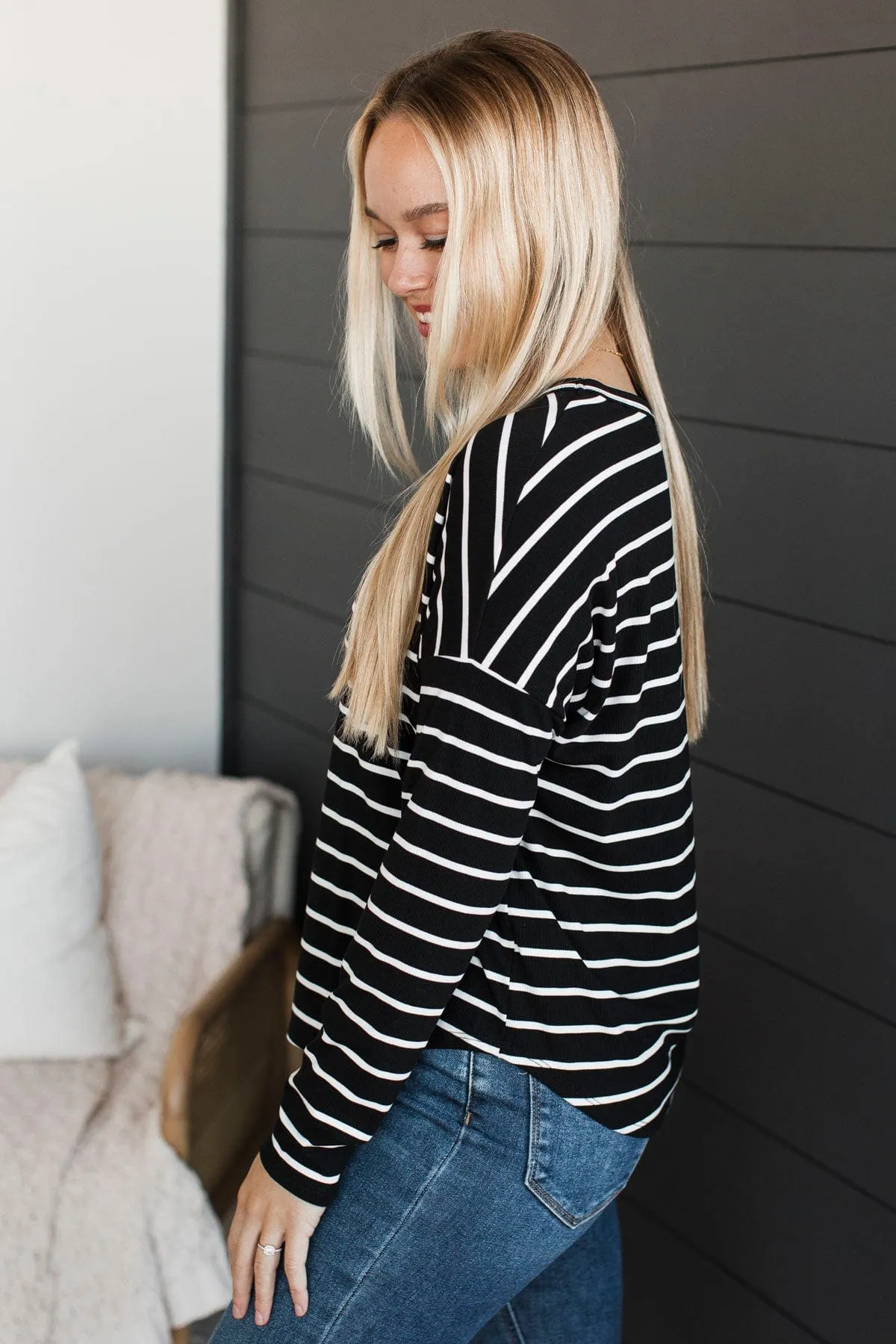 Sheer Joy Long Sleeve Striped Top- Black